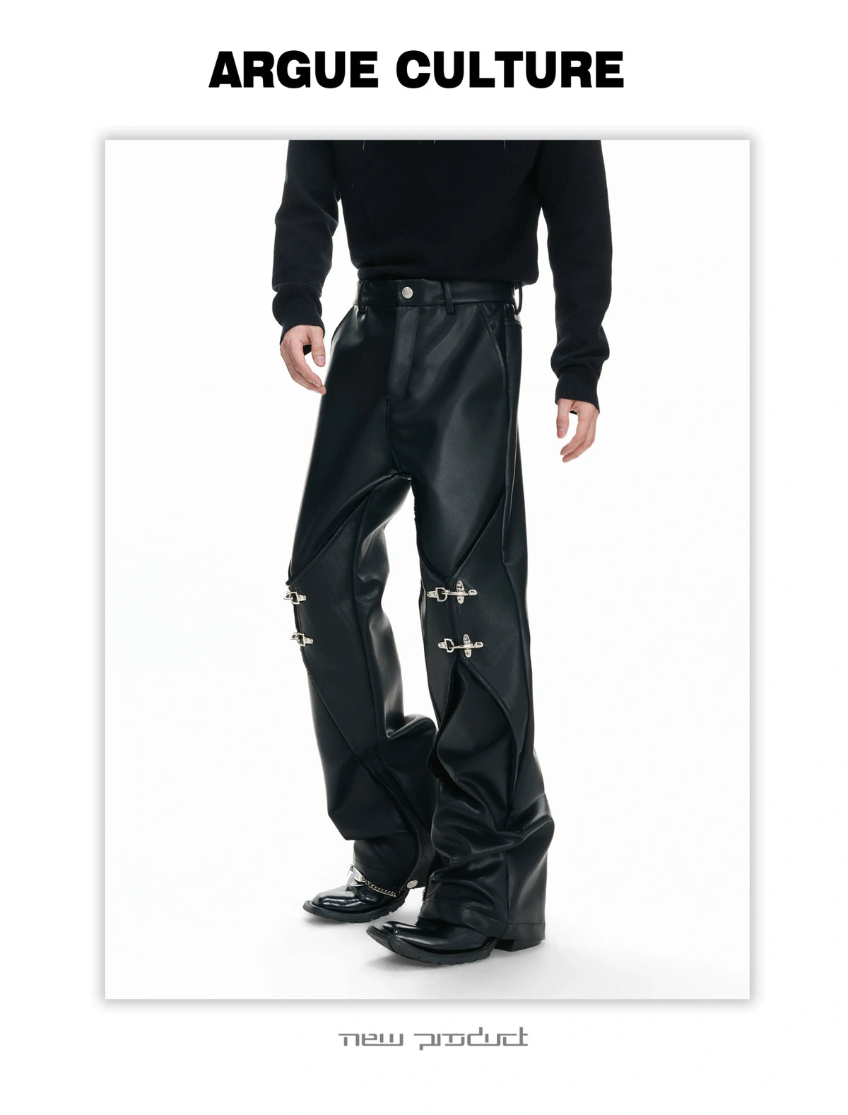 Black Faux-Leather Straight-Leg Pants with Metal Buckles - description image 11