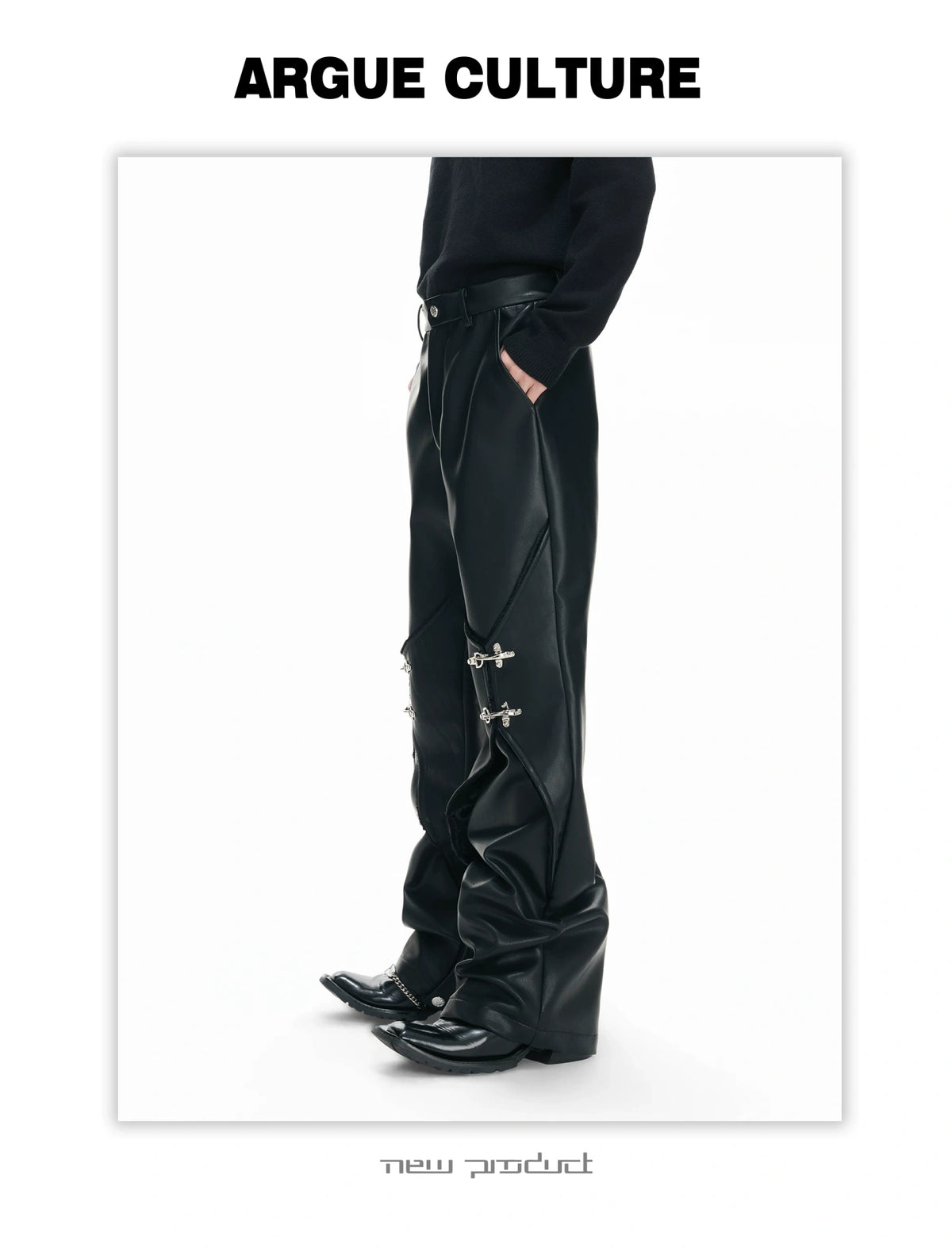 Black Faux-Leather Straight-Leg Pants with Metal Buckles - description image 12