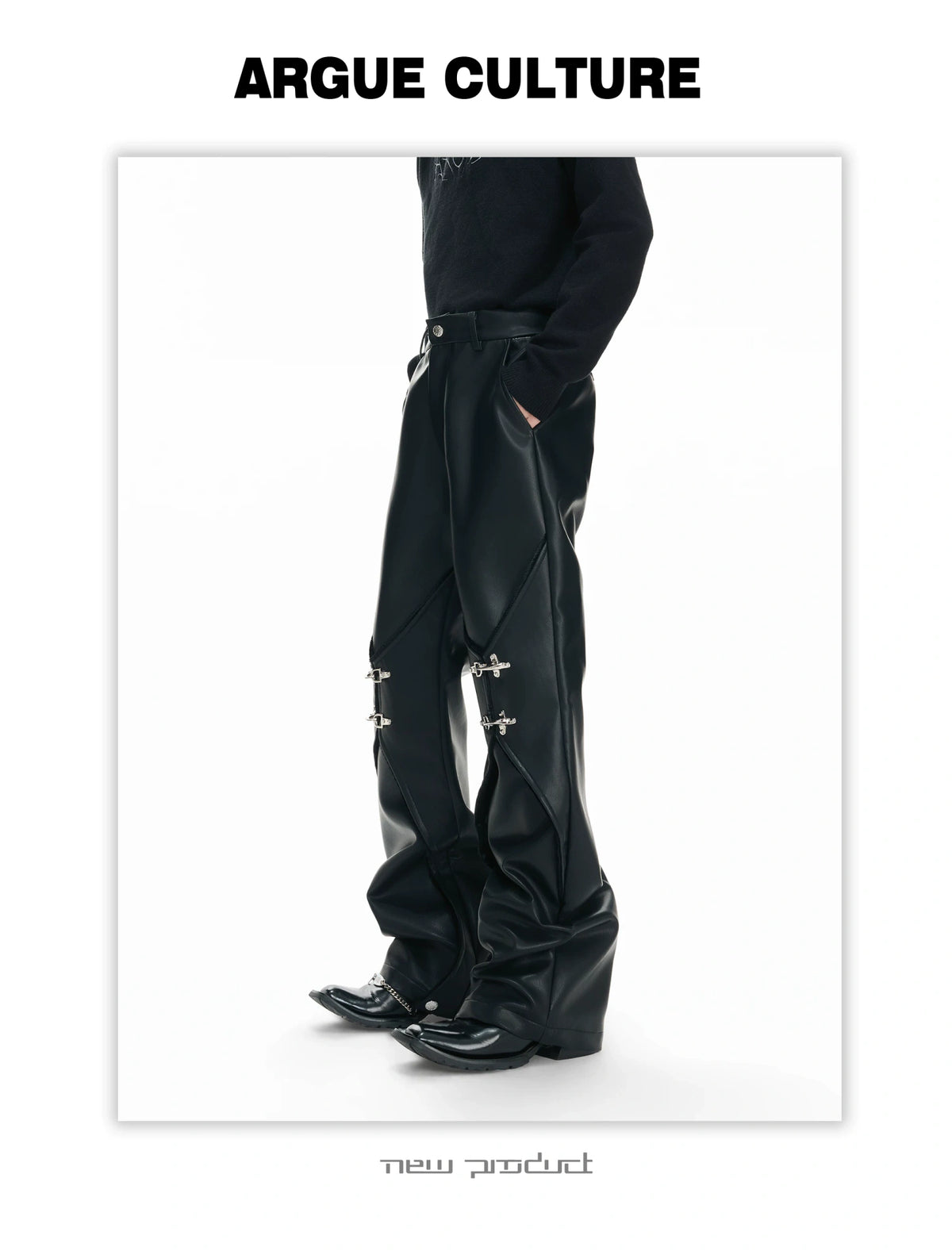 Black Faux-Leather Straight-Leg Pants with Metal Buckles - description image 13