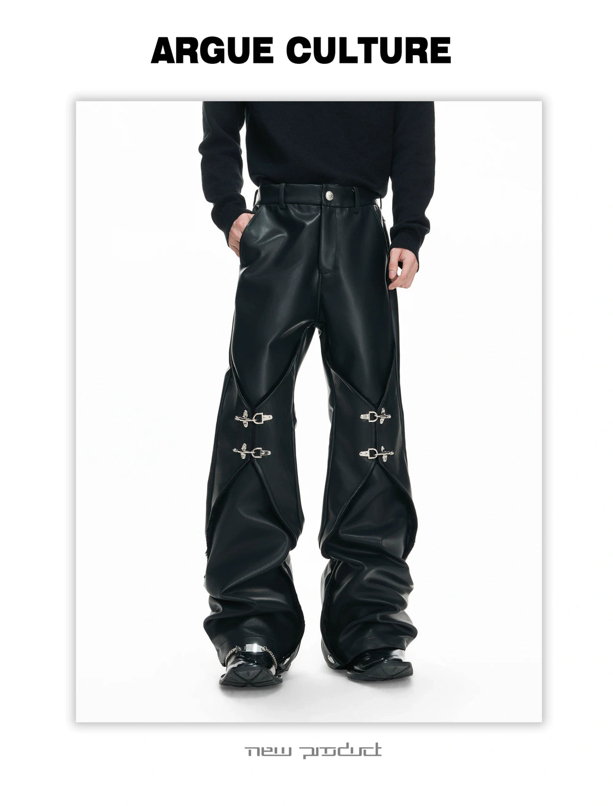 Black Faux-Leather Straight-Leg Pants with Metal Buckles - description image 14