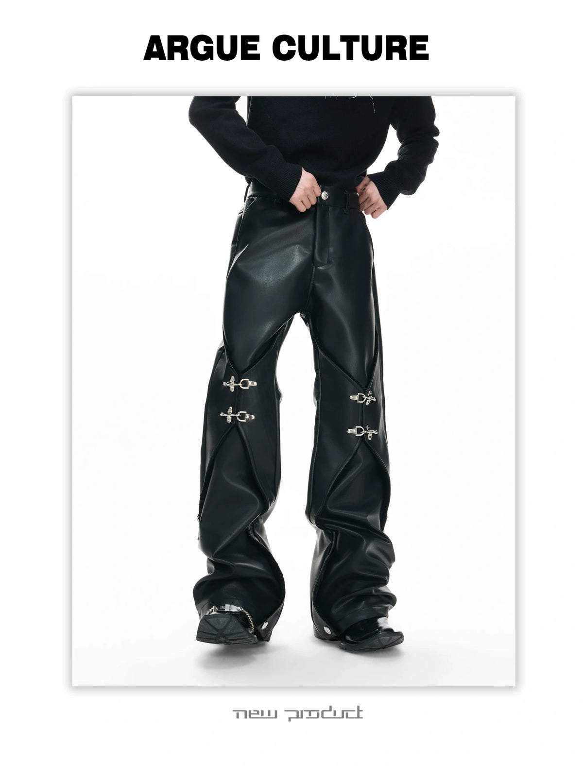 Black Faux-Leather Straight-Leg Pants with Metal Buckles - description image 15