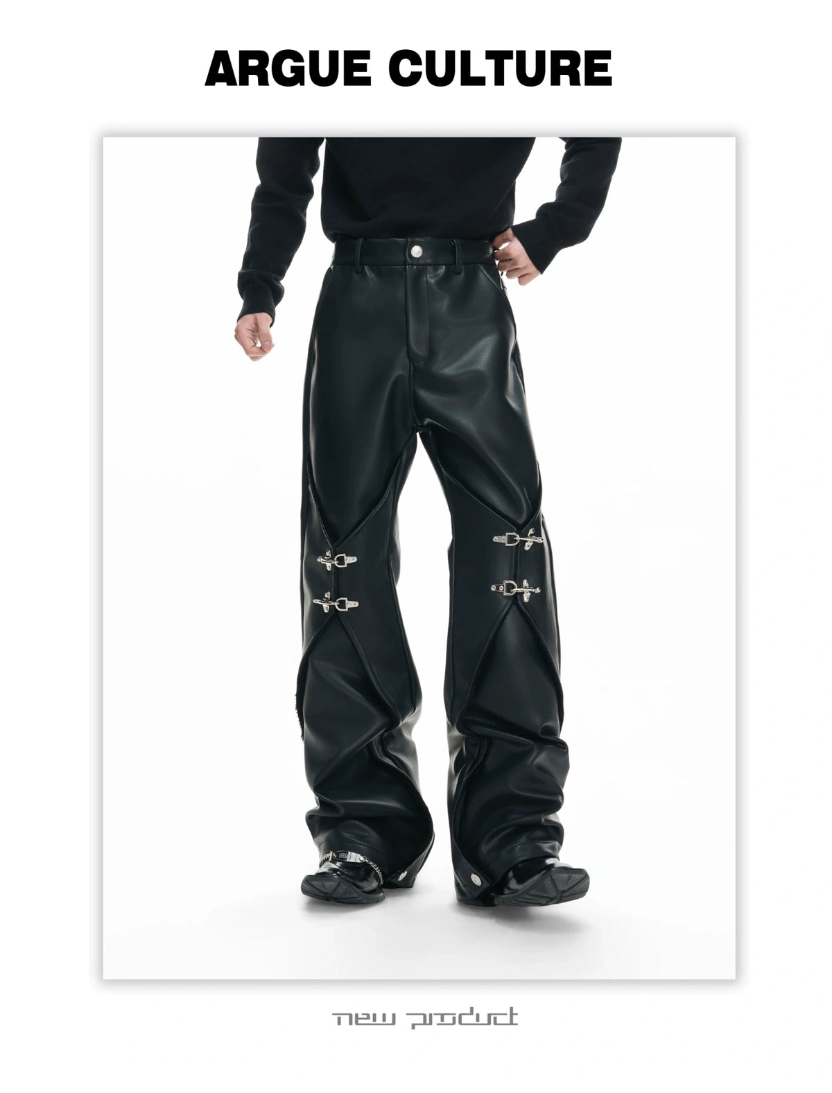 Black Faux-Leather Straight-Leg Pants with Metal Buckles - description image 16