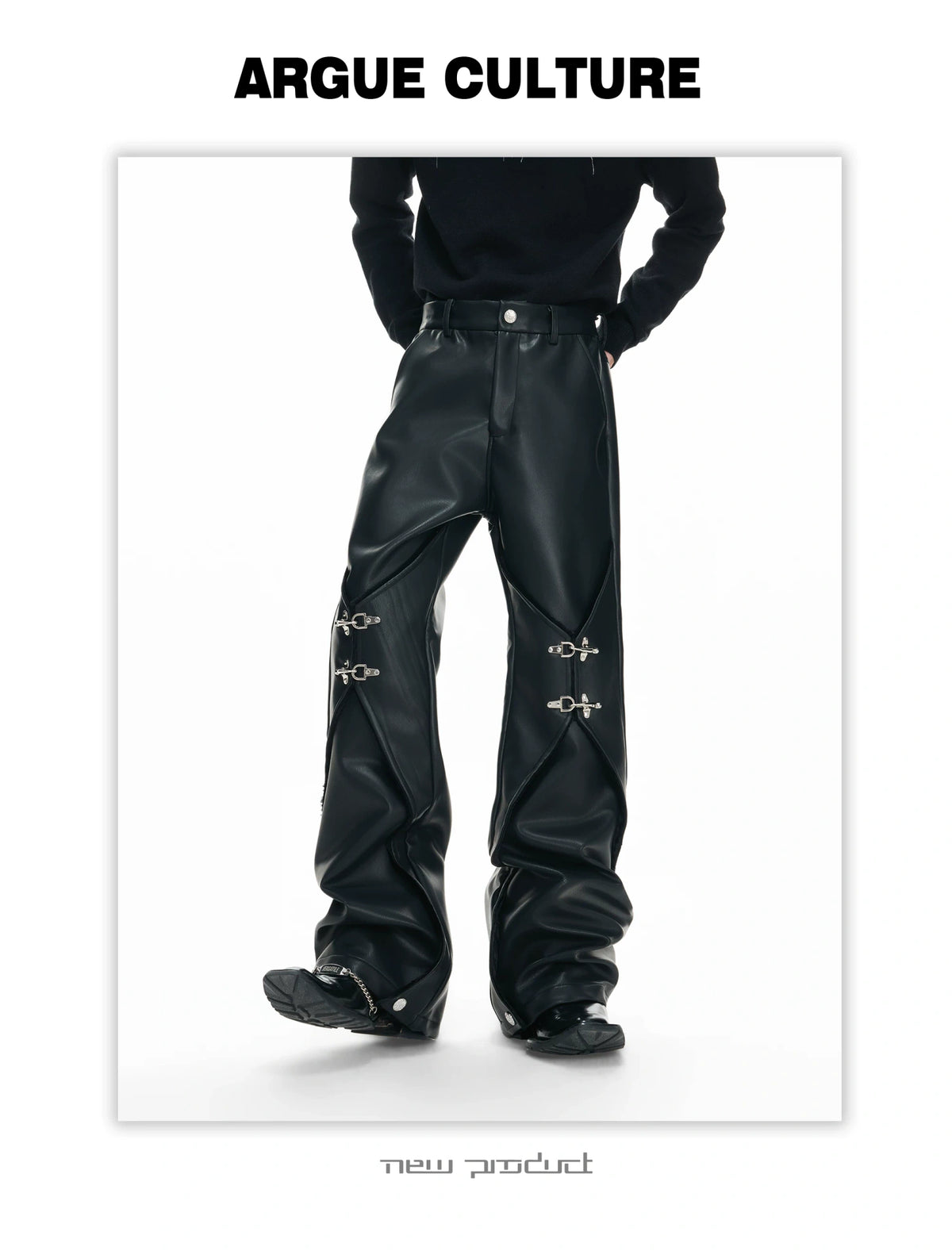 Black Faux-Leather Straight-Leg Pants with Metal Buckles - description image 17