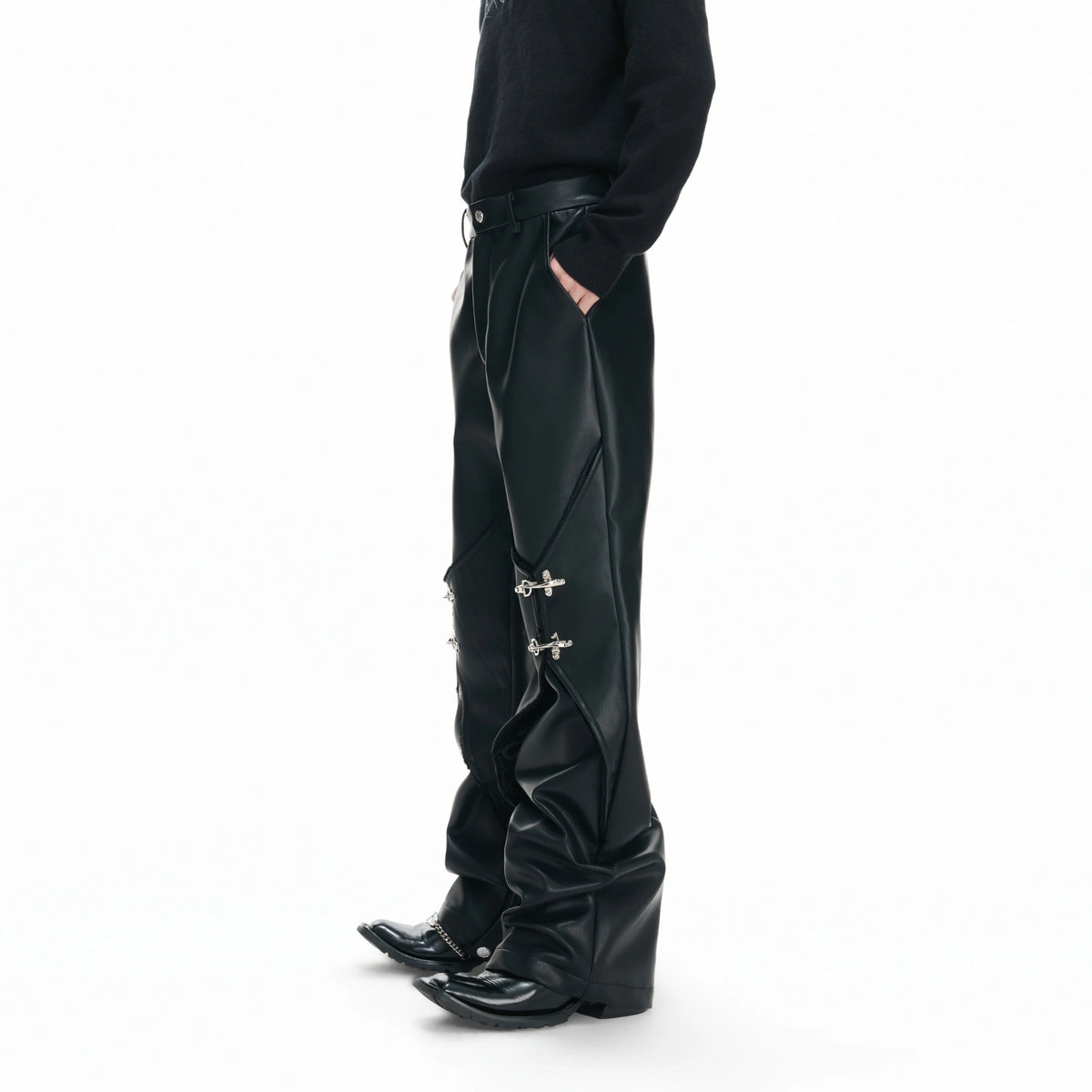 Black Faux-Leather Straight-Leg Pants with Metal Buckles - main image 1