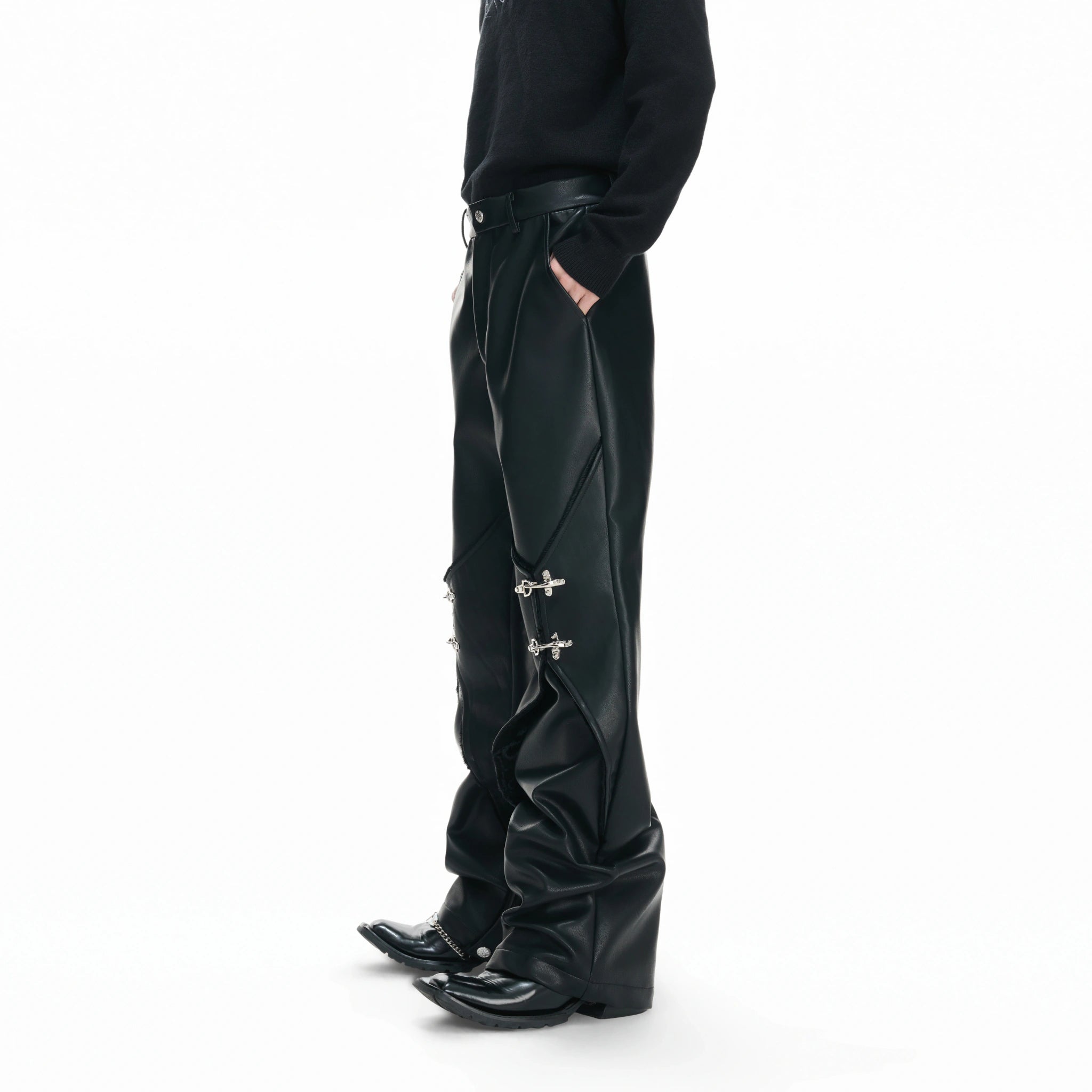 Black Faux-Leather Straight-Leg Pants with Metal Buckles - main image 1