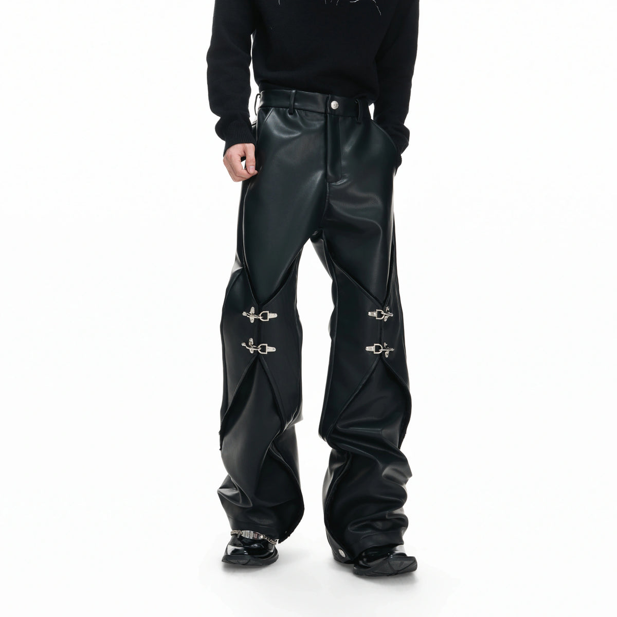 Black Faux-Leather Straight-Leg Pants with Metal Buckles - main image 2