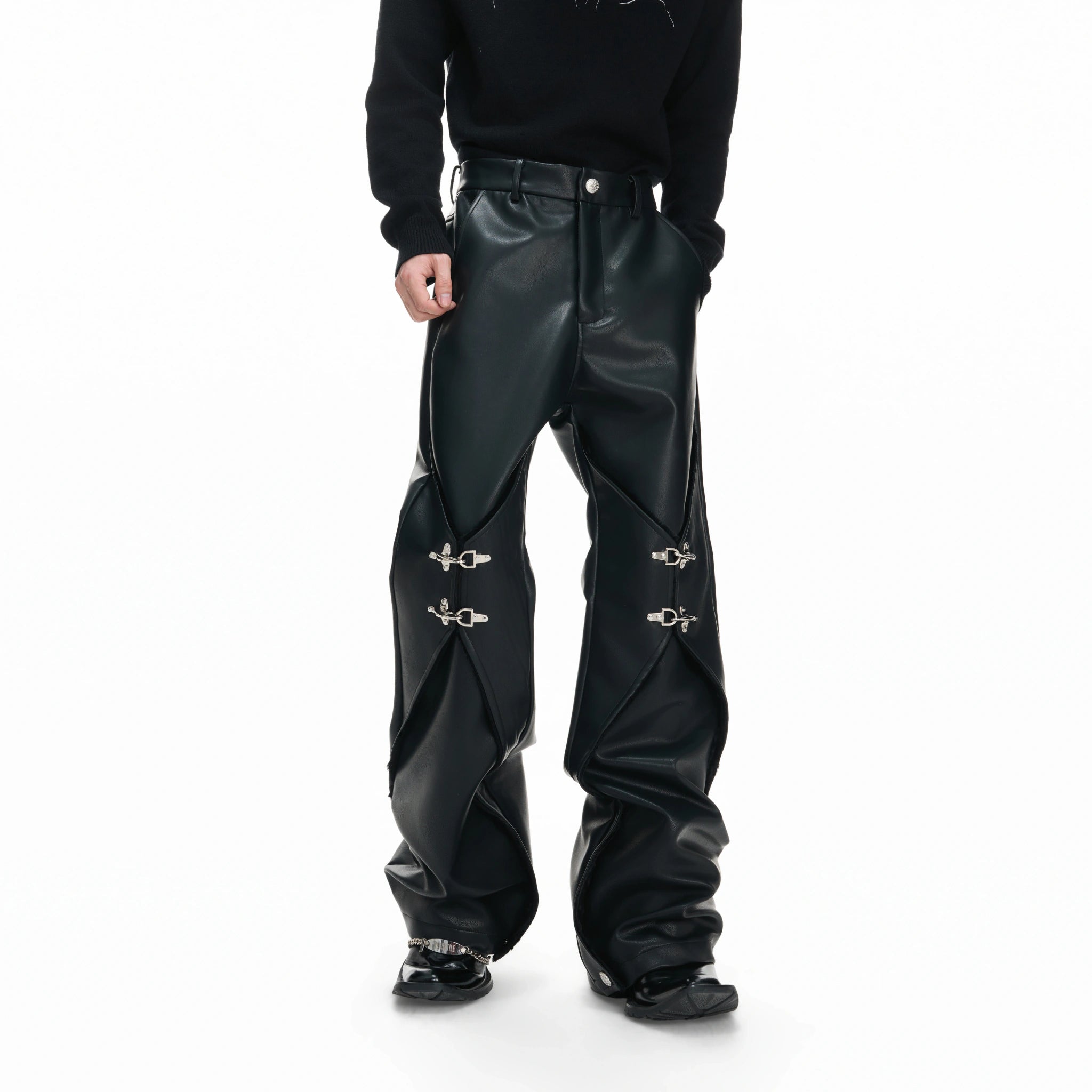 Black Faux-Leather Straight-Leg Pants with Metal Buckles - main image 2