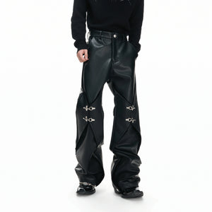 Black Faux-Leather Straight-Leg Pants with Metal Buckles - main image 2