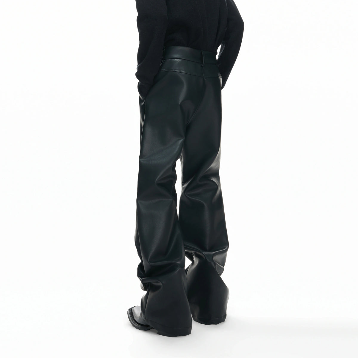 Black Faux-Leather Straight-Leg Pants with Metal Buckles - main image 3