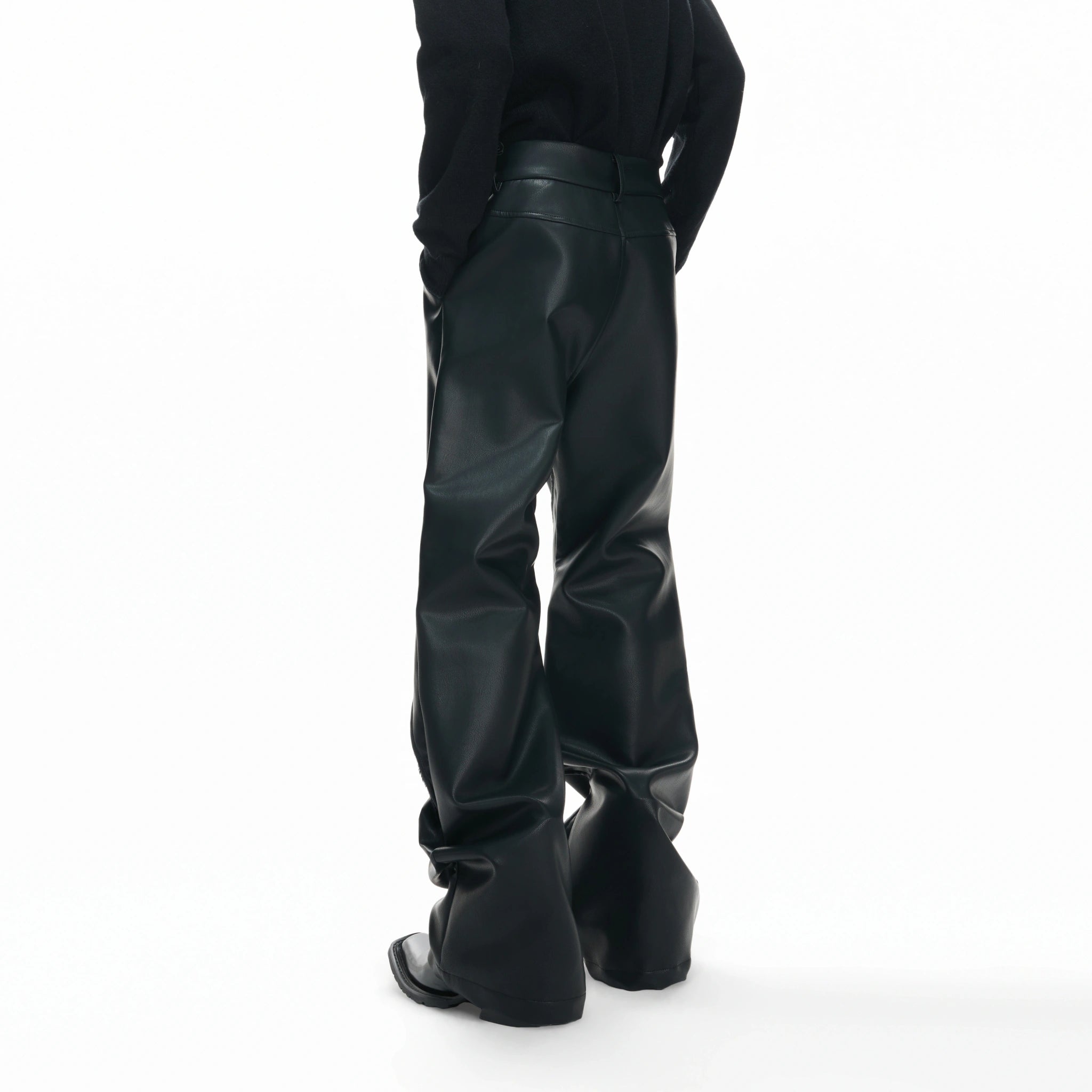 Black Faux-Leather Straight-Leg Pants with Metal Buckles - main image 3