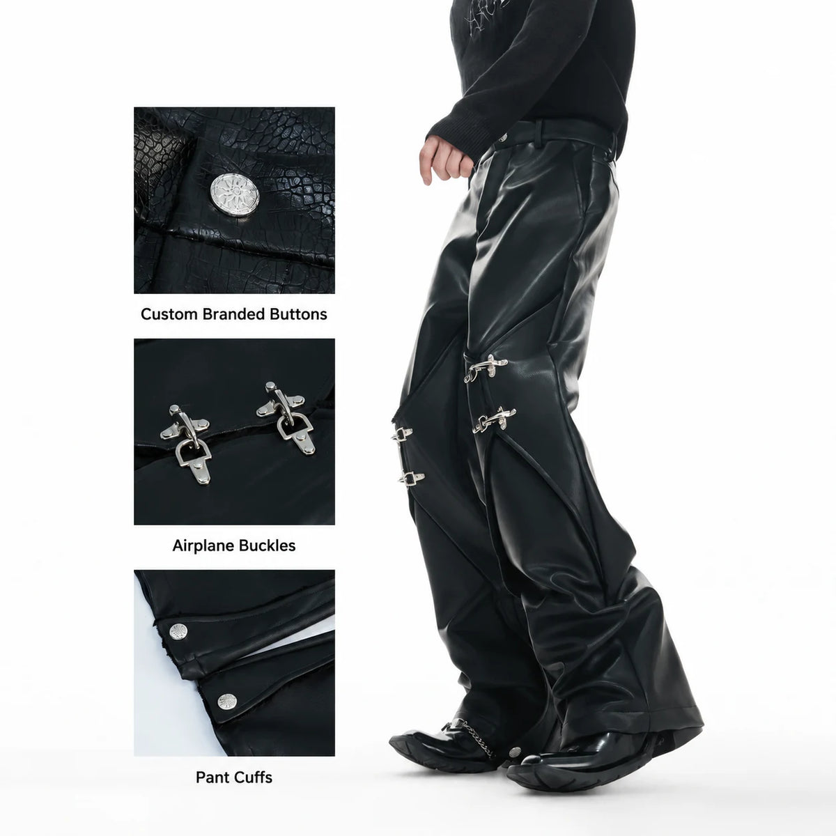 Black Faux-Leather Straight-Leg Pants with Metal Buckles - main image 4