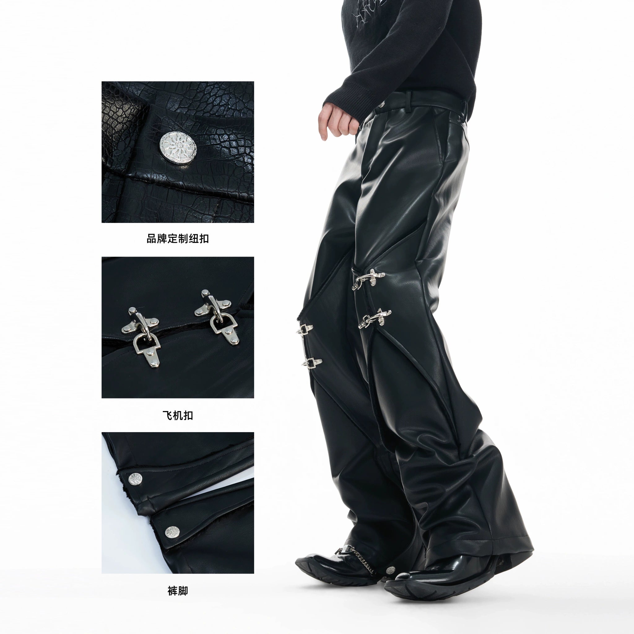 Black Faux-Leather Straight-Leg Pants with Metal Buckles - main image 4