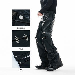 Black Faux-Leather Straight-Leg Pants with Metal Buckles - main image 4