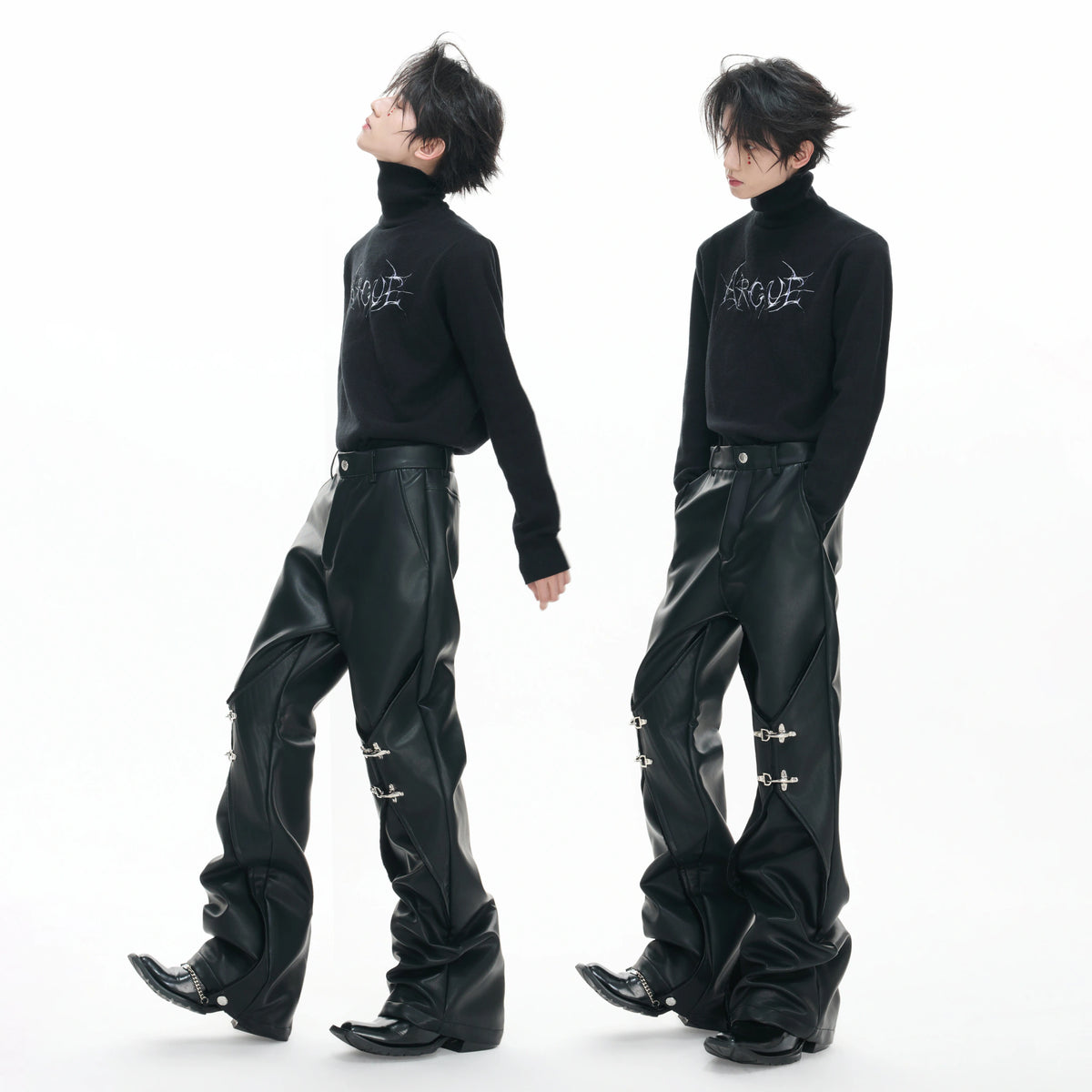 Black Faux-Leather Straight-Leg Pants with Metal Buckles - main image 5