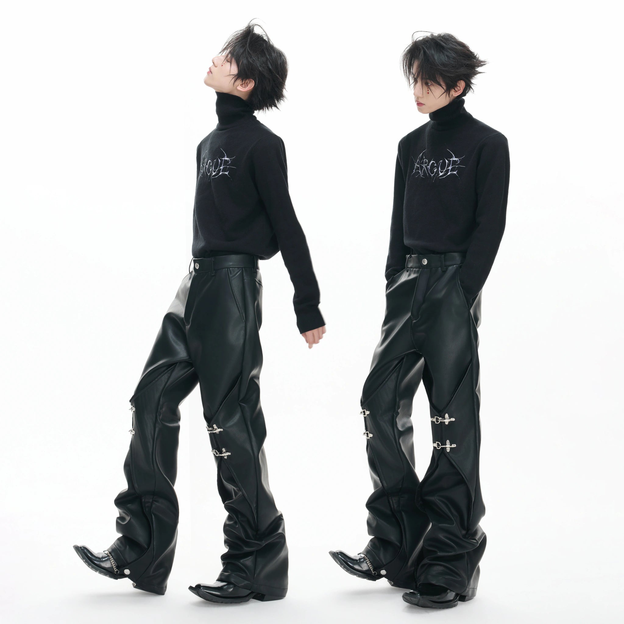 Black Faux-Leather Straight-Leg Pants with Metal Buckles - main image 5