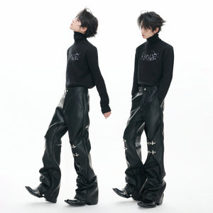 Black Faux-Leather Straight-Leg Pants with Metal Buckles - main image 5