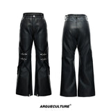 Black Faux-Leather Straight-Leg Pants with Metal Buckles - Black