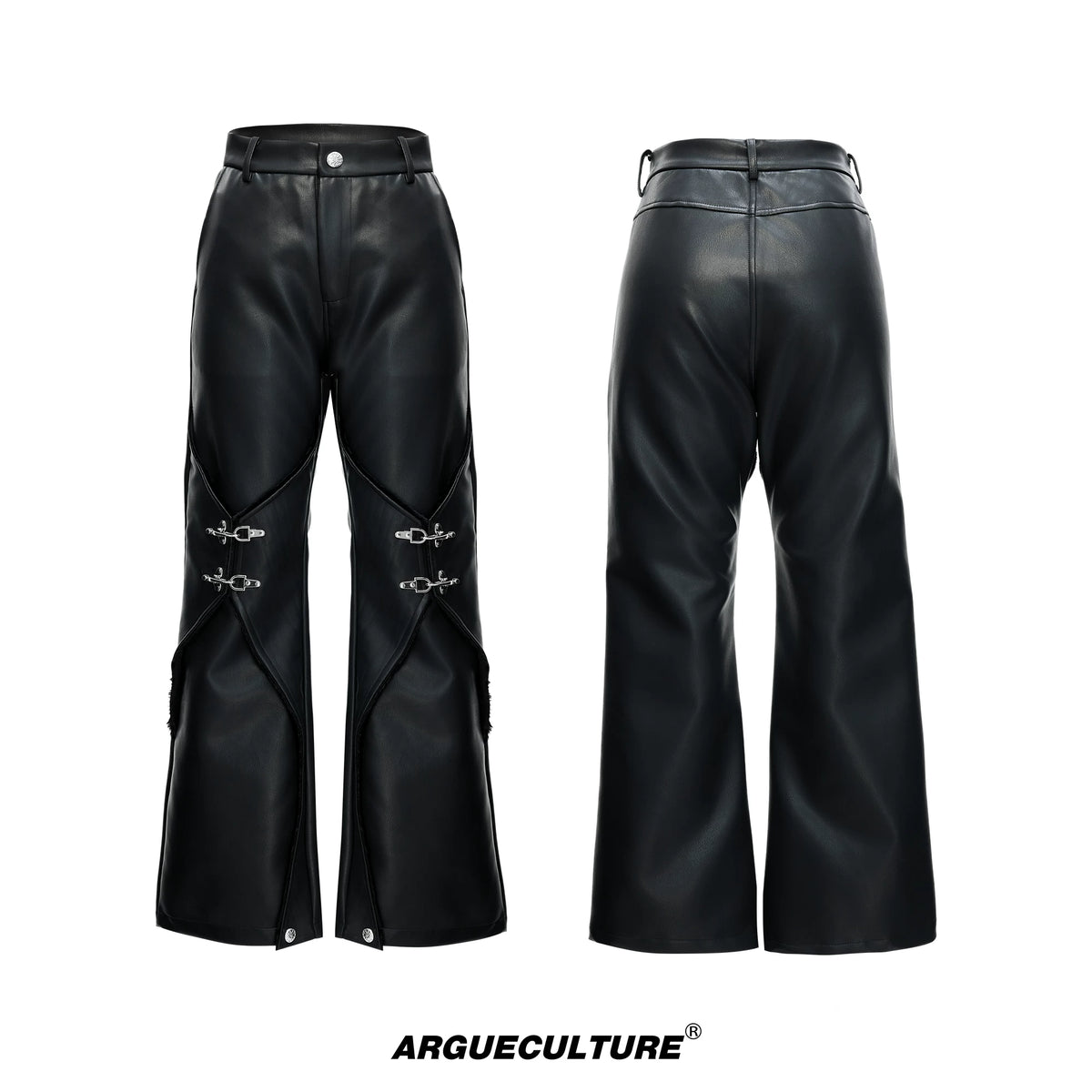 Black Faux-Leather Straight-Leg Pants with Metal Buckles - Black
