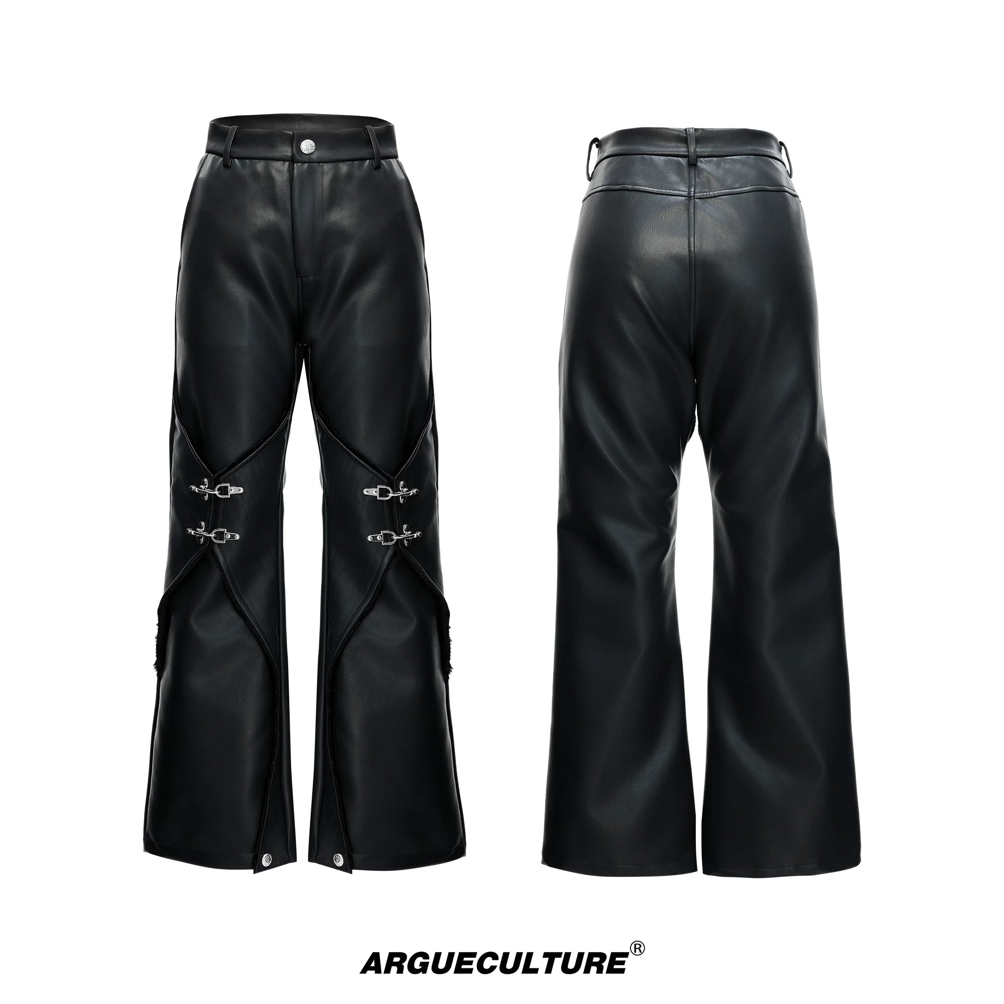 Black Faux-Leather Straight-Leg Pants with Metal Buckles - Black