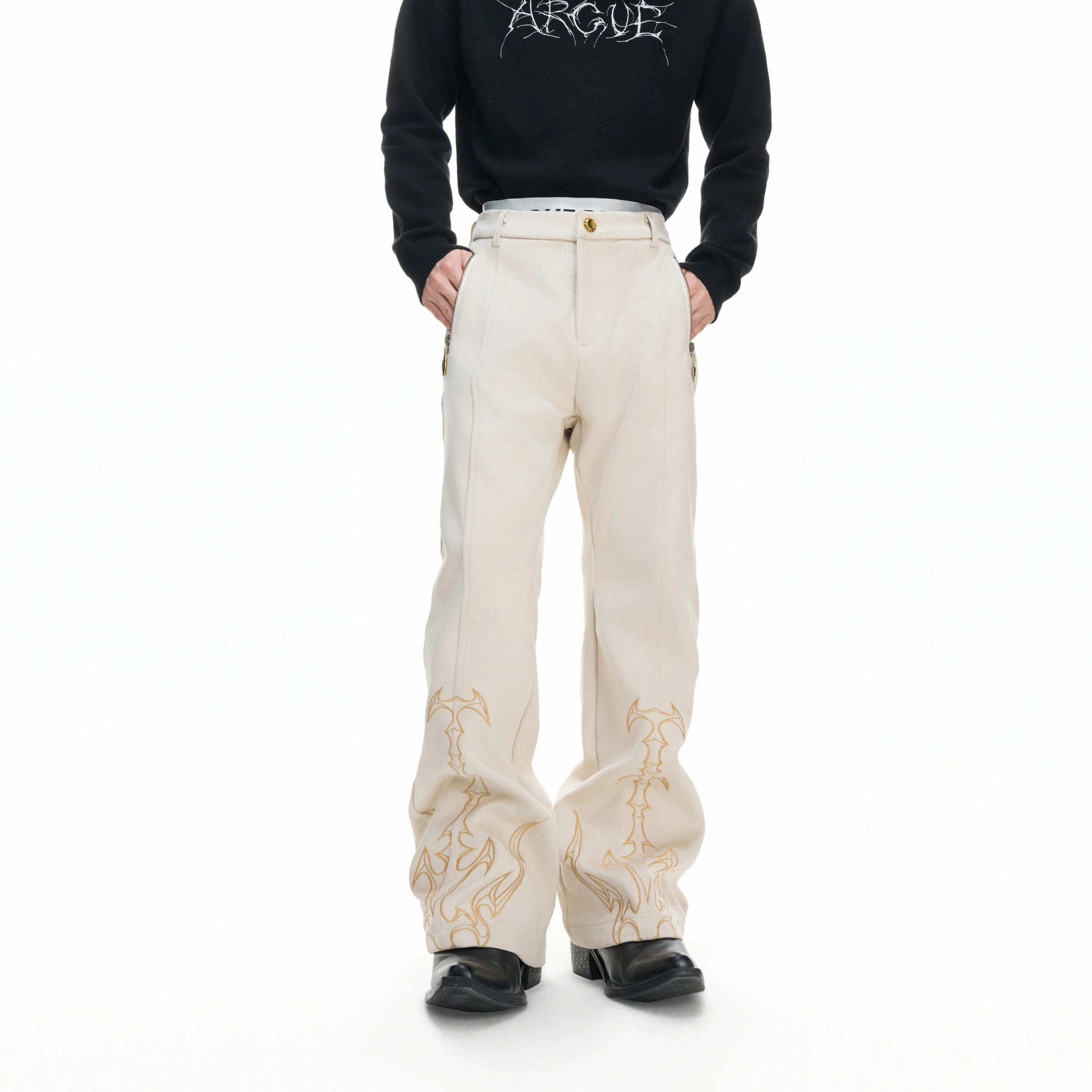 Embroidered Suede Straight-Leg Trousers | Avant-Garde - main image 3