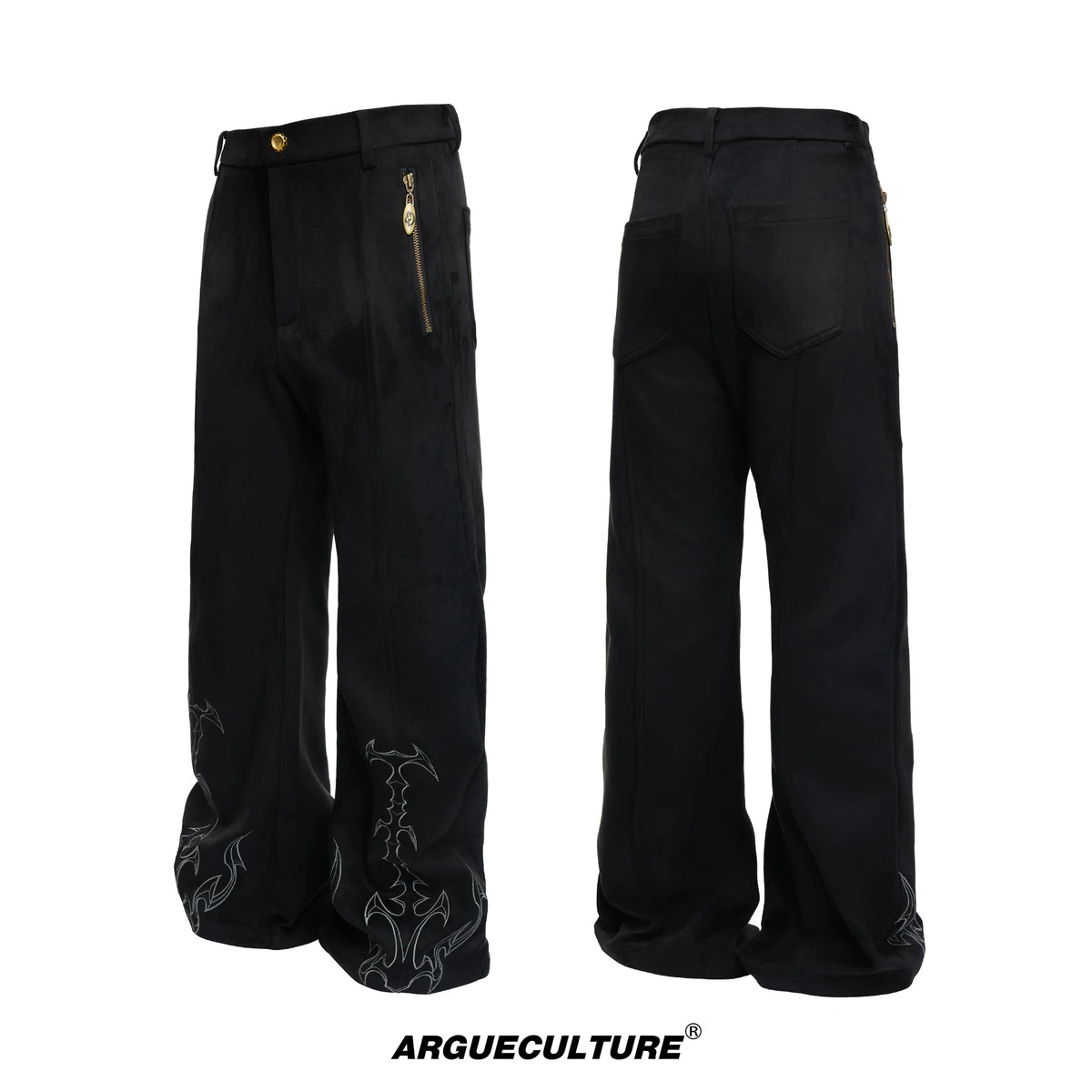 Embroidered Suede Straight-Leg Trousers | Avant-Garde - Black Top