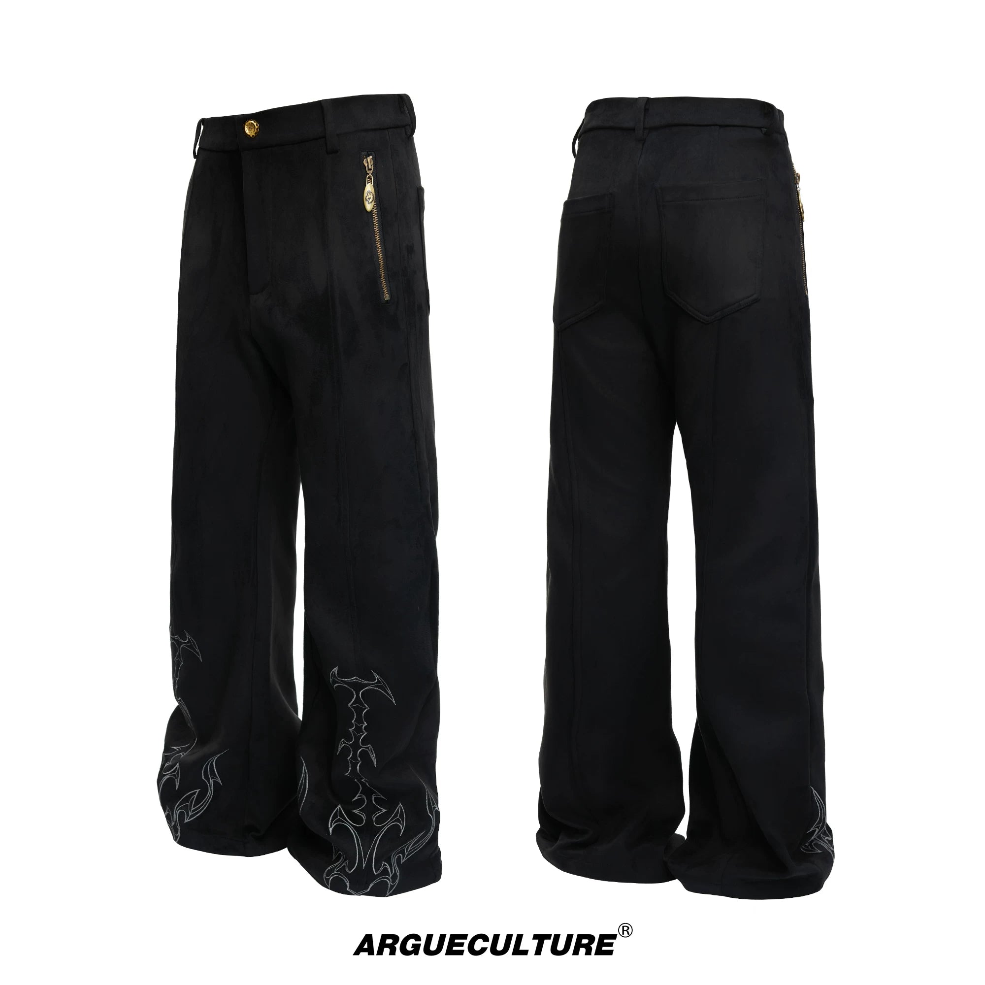 Embroidered Suede Straight-Leg Trousers | Avant-Garde - Black Top