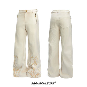 Embroidered Suede Straight-Leg Trousers | Avant-Garde - White Top