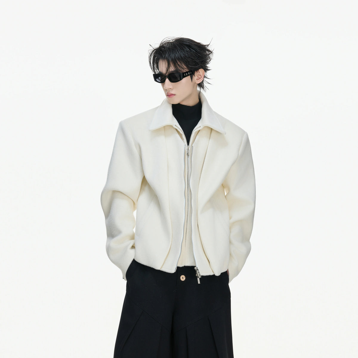 Layered Wool-Blend Cropped Jacket | Lapel Zip - main image 1