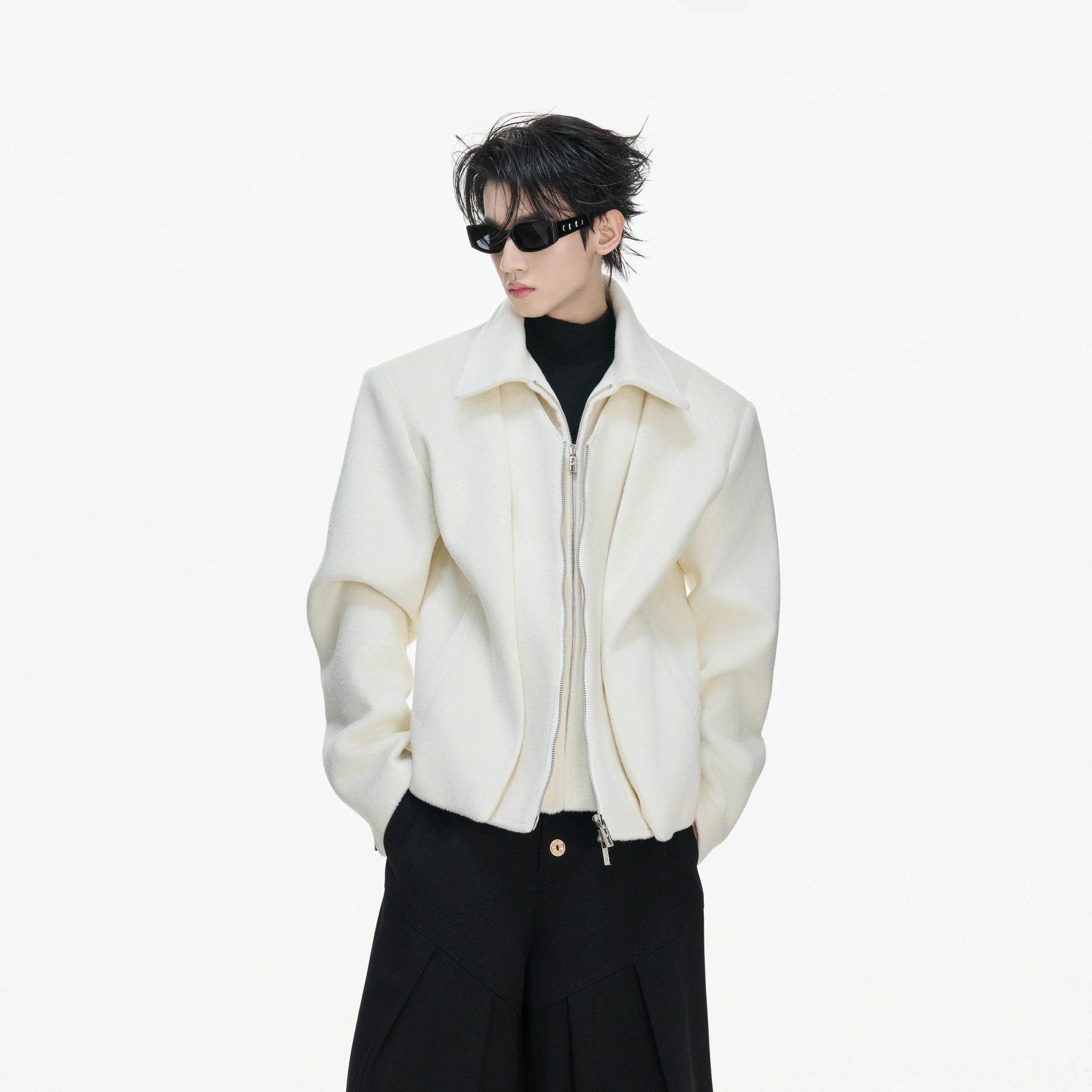 Layered Wool-Blend Cropped Jacket | Lapel Zip - main image 1