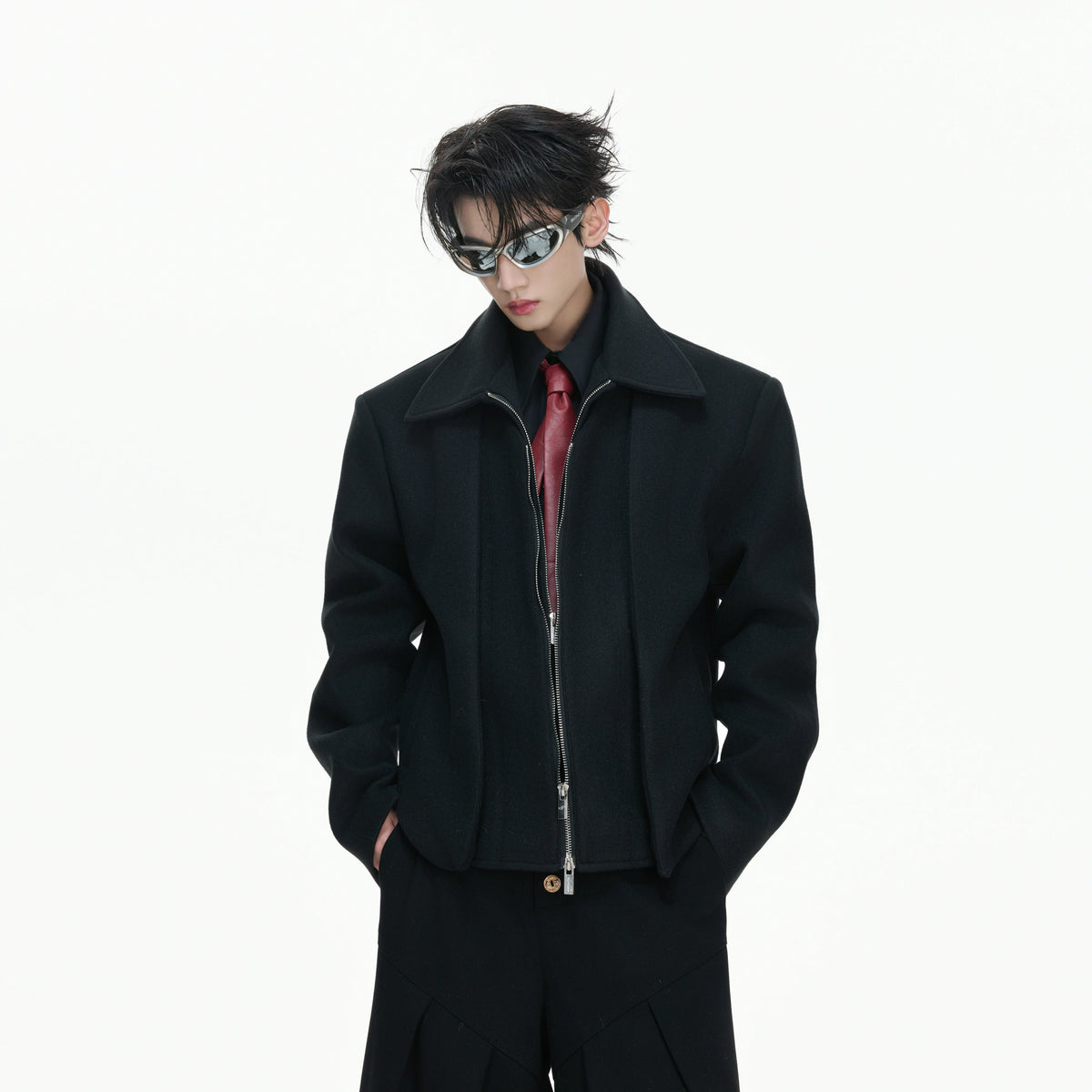 Layered Wool-Blend Cropped Jacket | Lapel Zip - main image 3