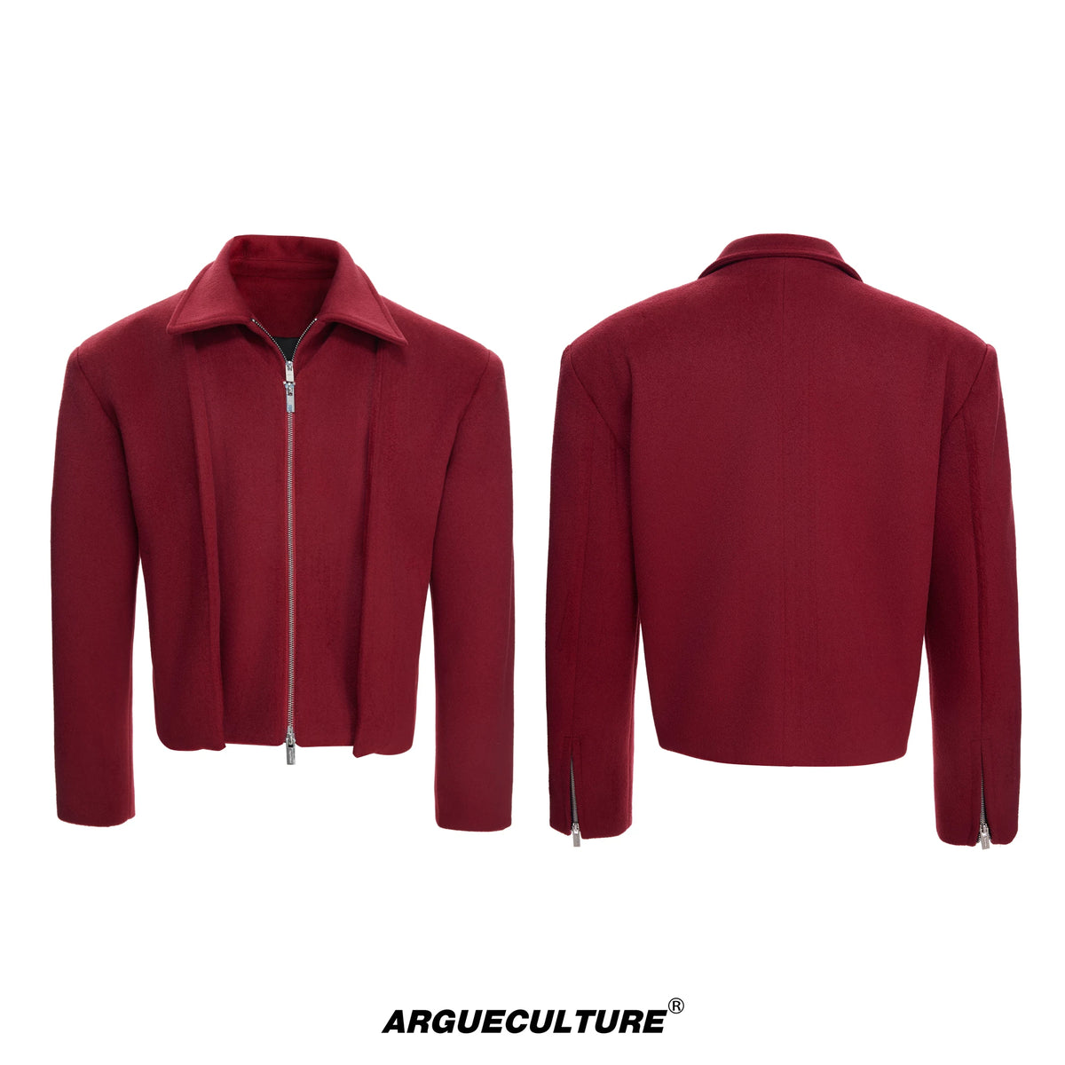Layered Wool-Blend Cropped Jacket | Lapel Zip - Red Top