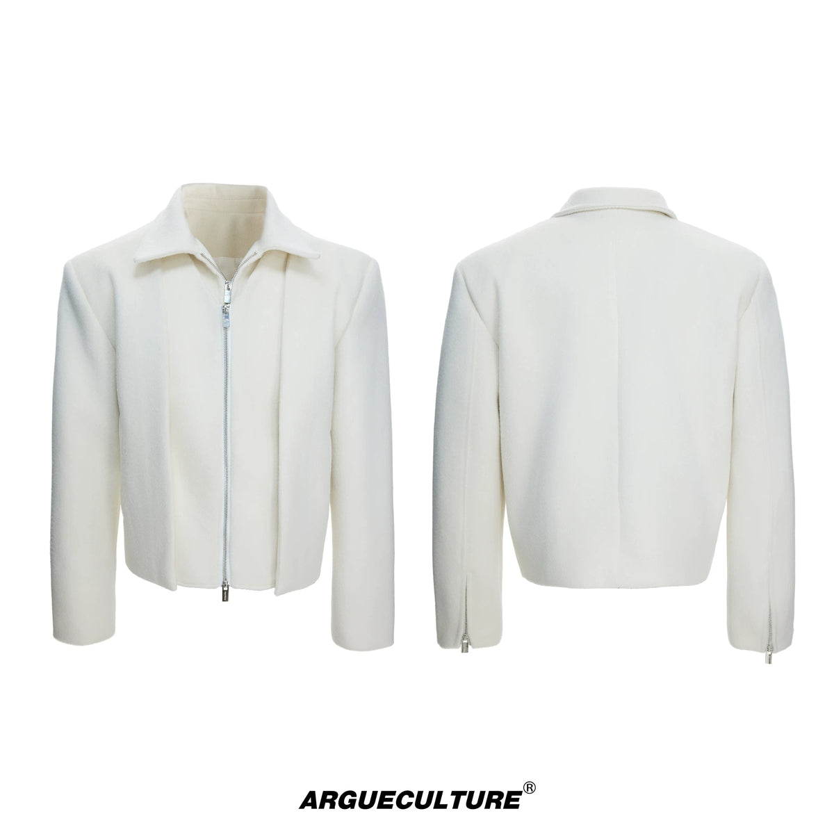 Layered Wool-Blend Cropped Jacket | Lapel Zip - White Top