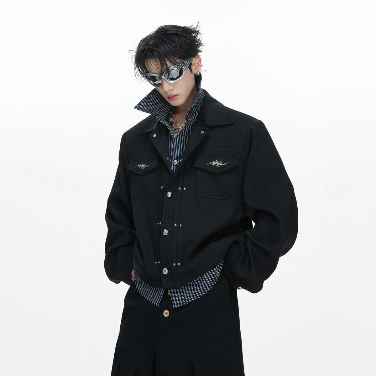Striped Layered Short Wide Jacket | Streetwear Outerwear - main image 1