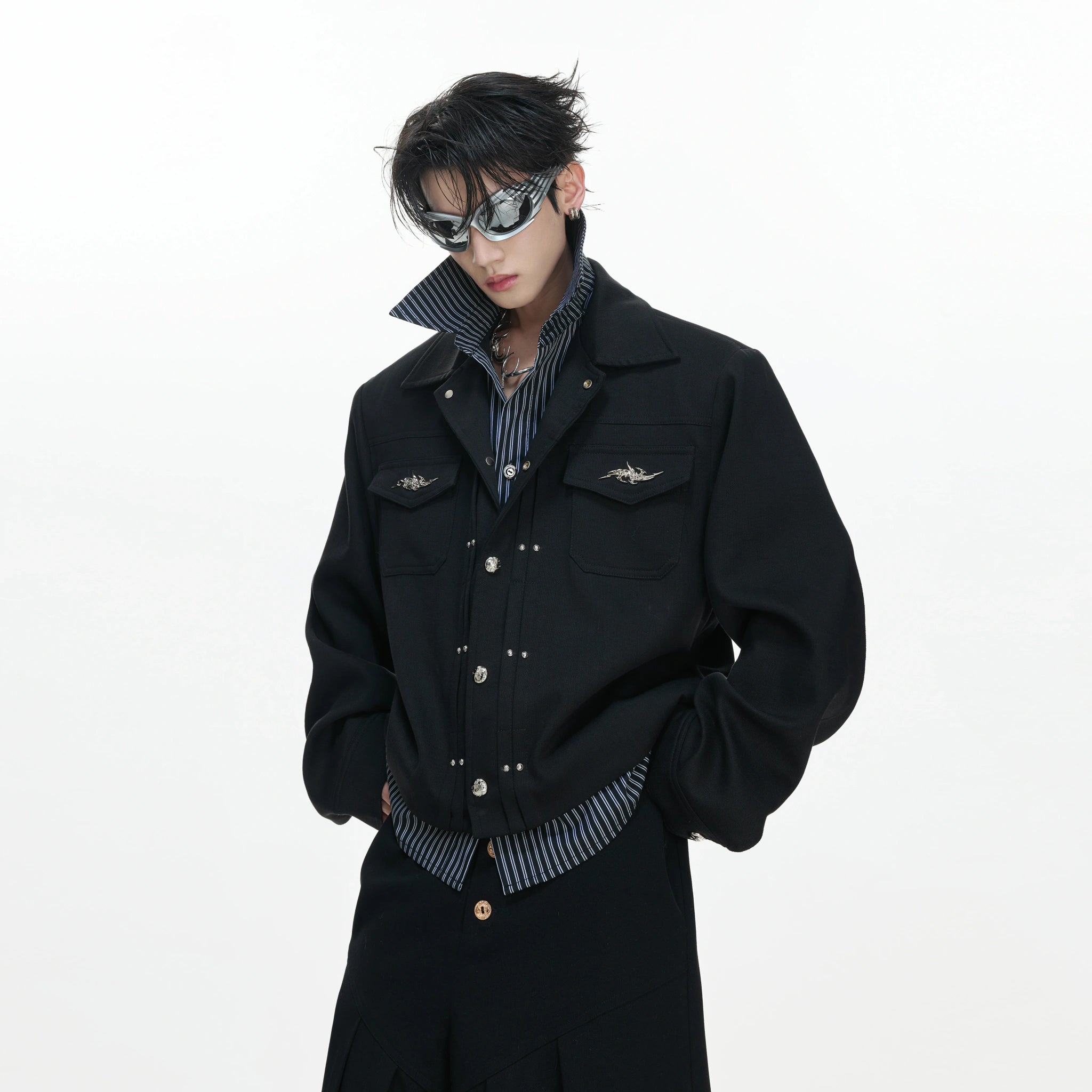 Striped Layered Short Wide Jacket | Streetwear Outerwear - main image 1