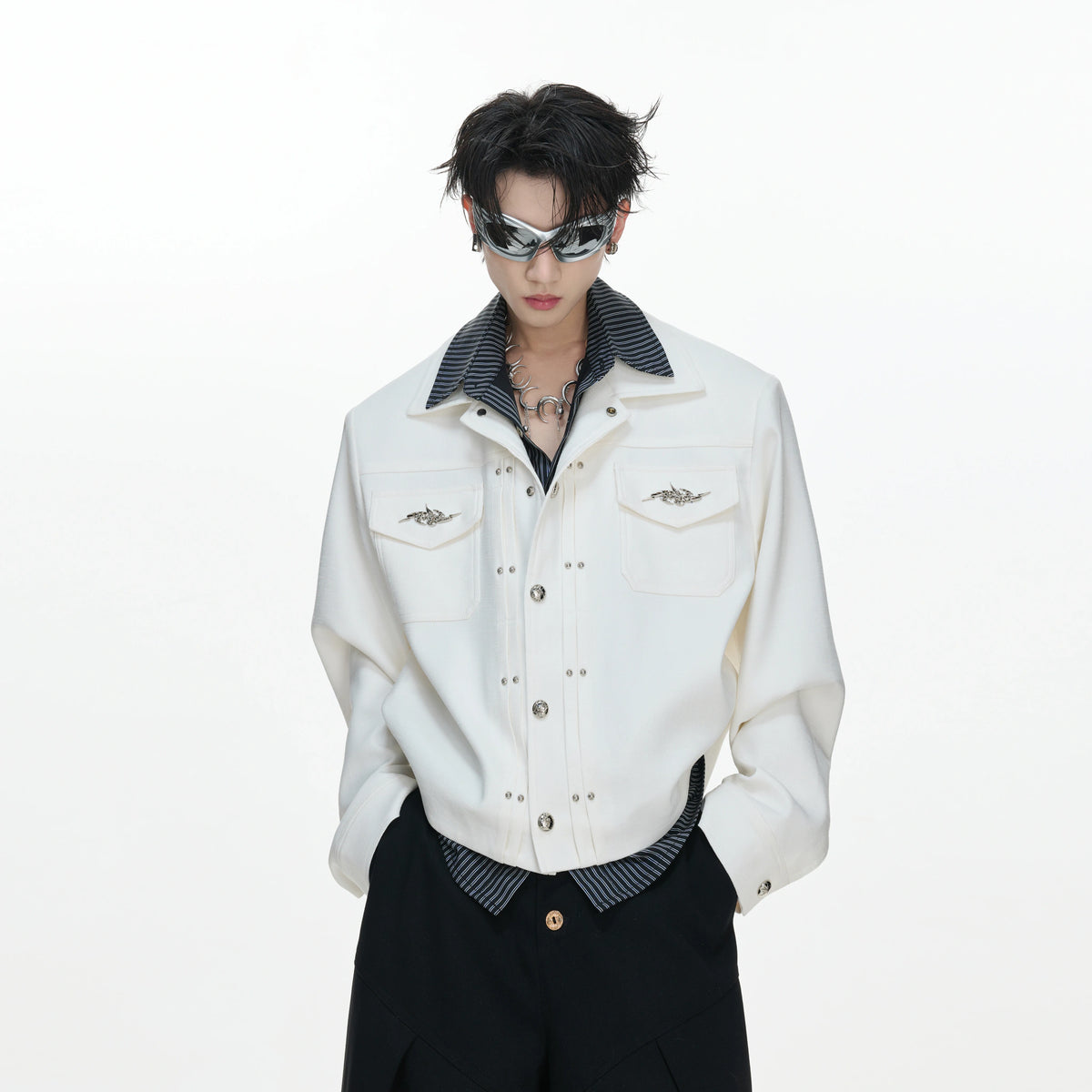 Striped Layered Short Wide Jacket | Streetwear Outerwear - main image 2