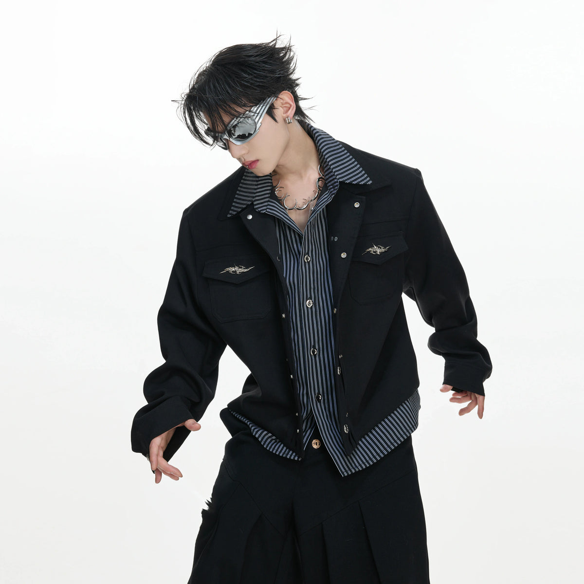 Striped Layered Short Wide Jacket | Streetwear Outerwear - main image 3