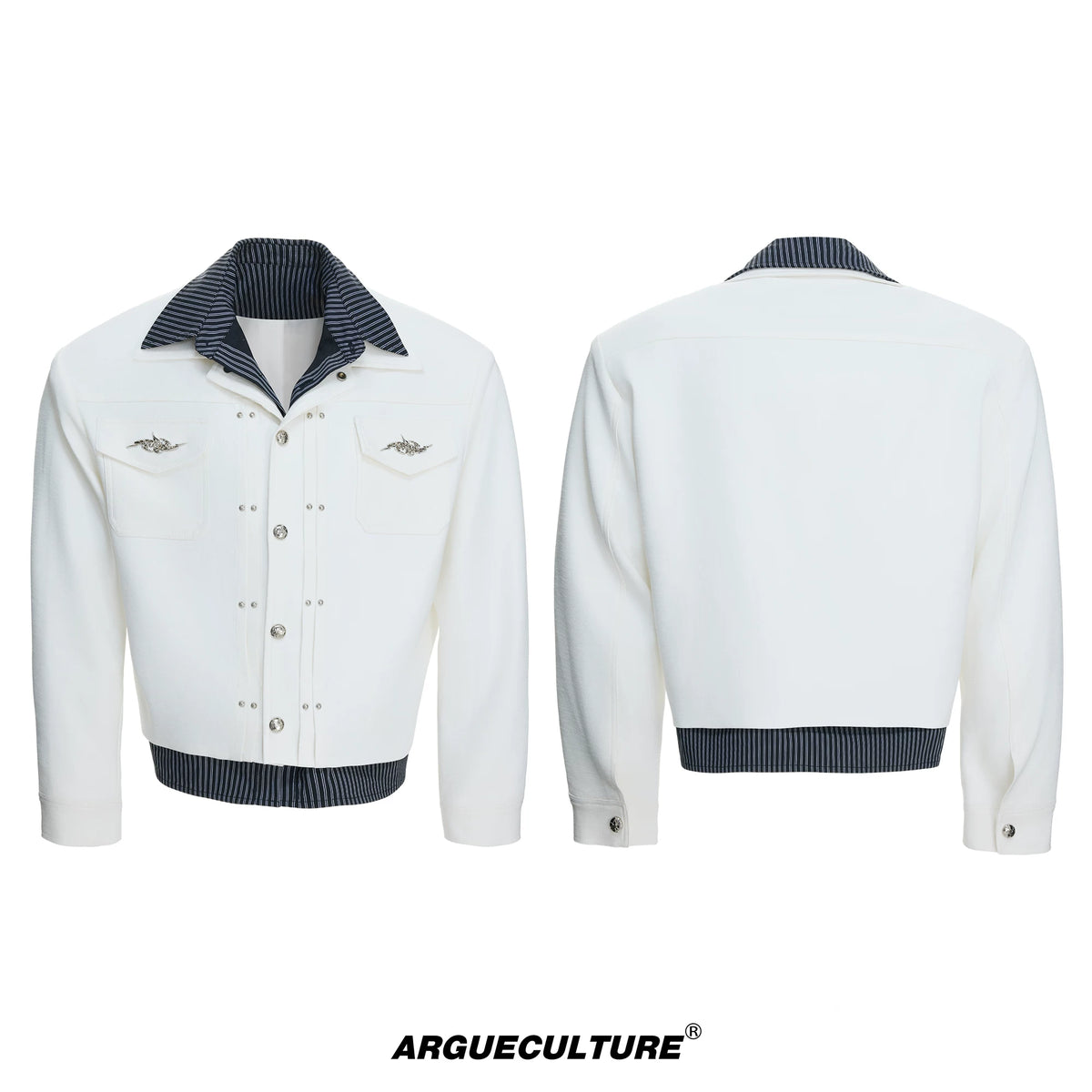 Striped Layered Short Wide Jacket | Streetwear Outerwear - White Top