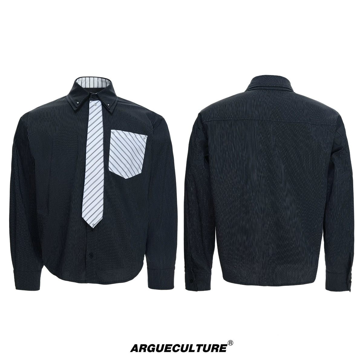 Deconstructed Stripe Layered-Collar Shirt | Argue - Black Top