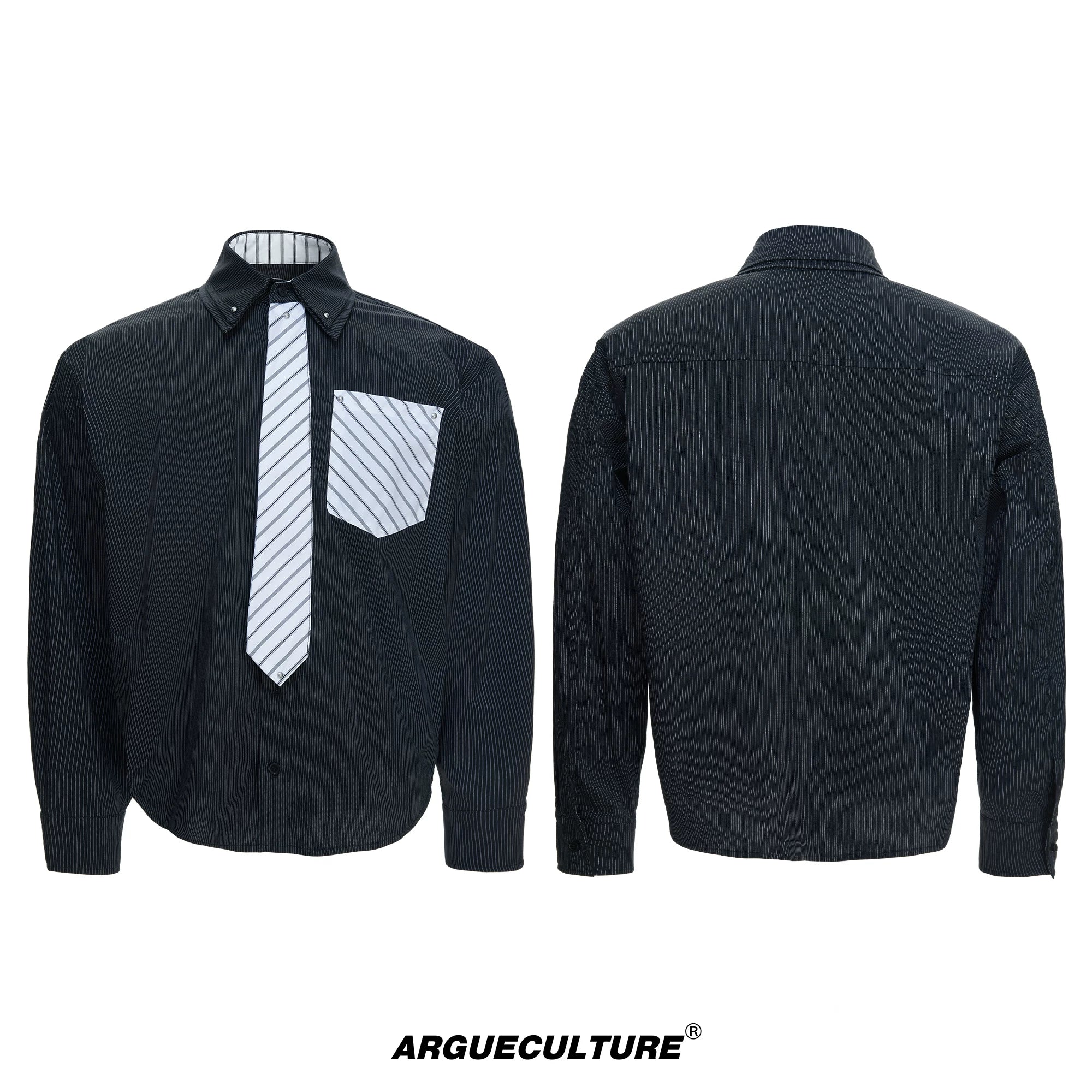 Deconstructed Stripe Layered-Collar Shirt | Argue - Black Top