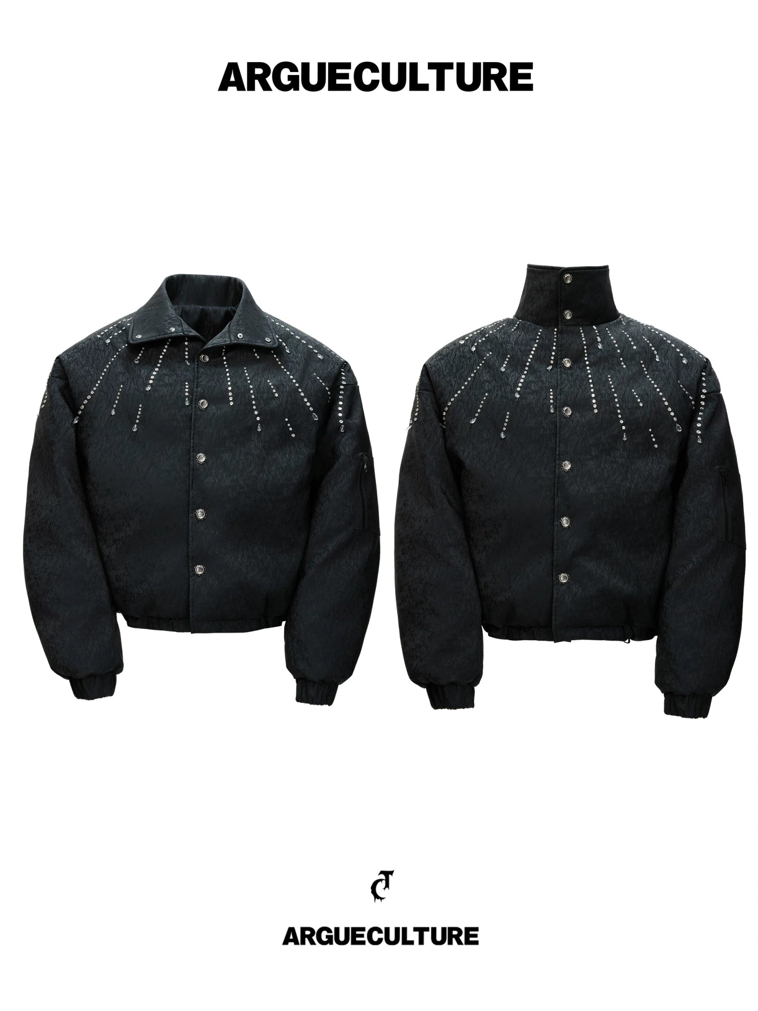 Cropped Black Rhinestone PU Jacket, Stand Collar - main image 2