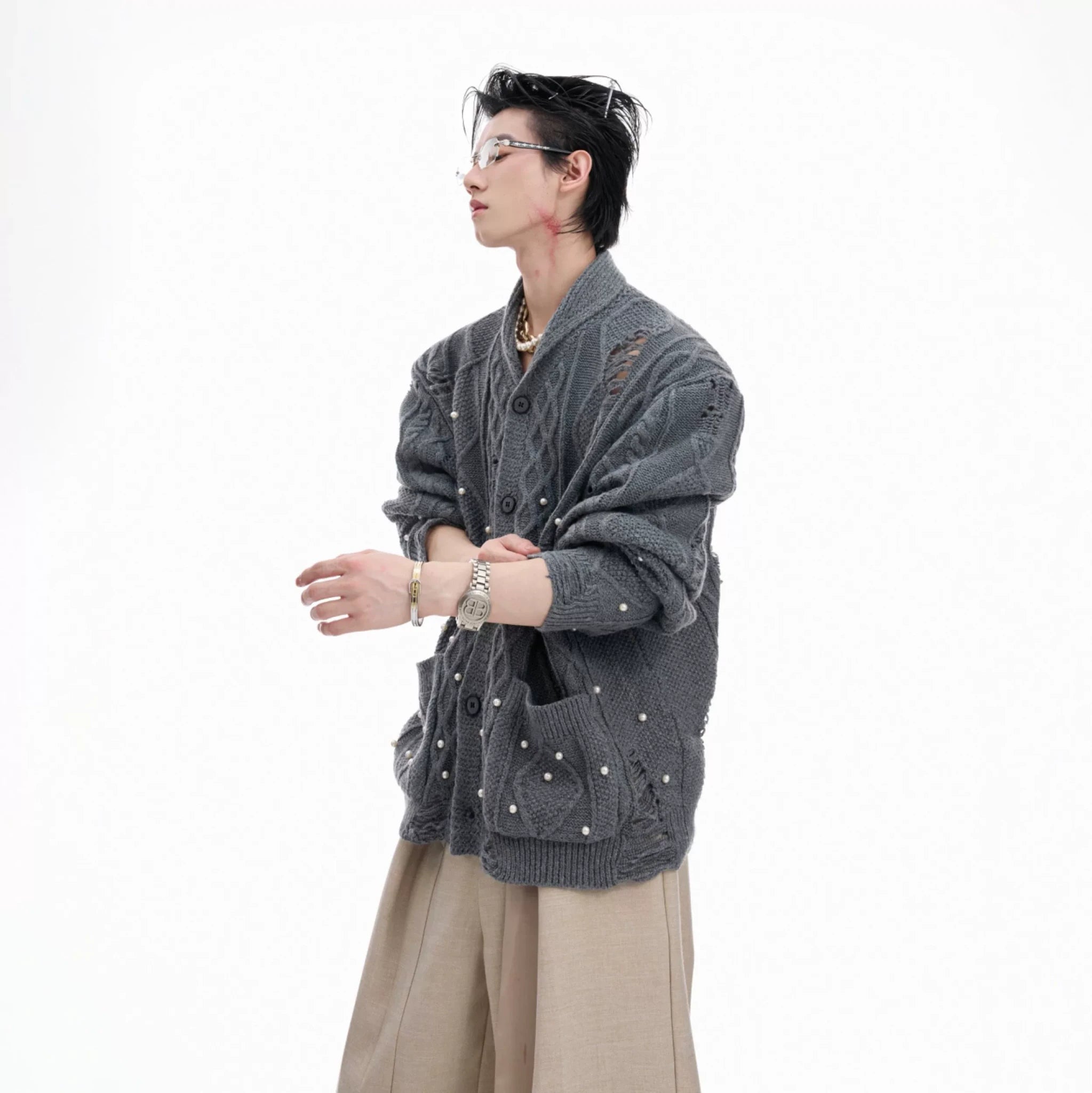 Open-Knit Pearl Cardigan Sweater | Relaxed Gray Layer - main image 2