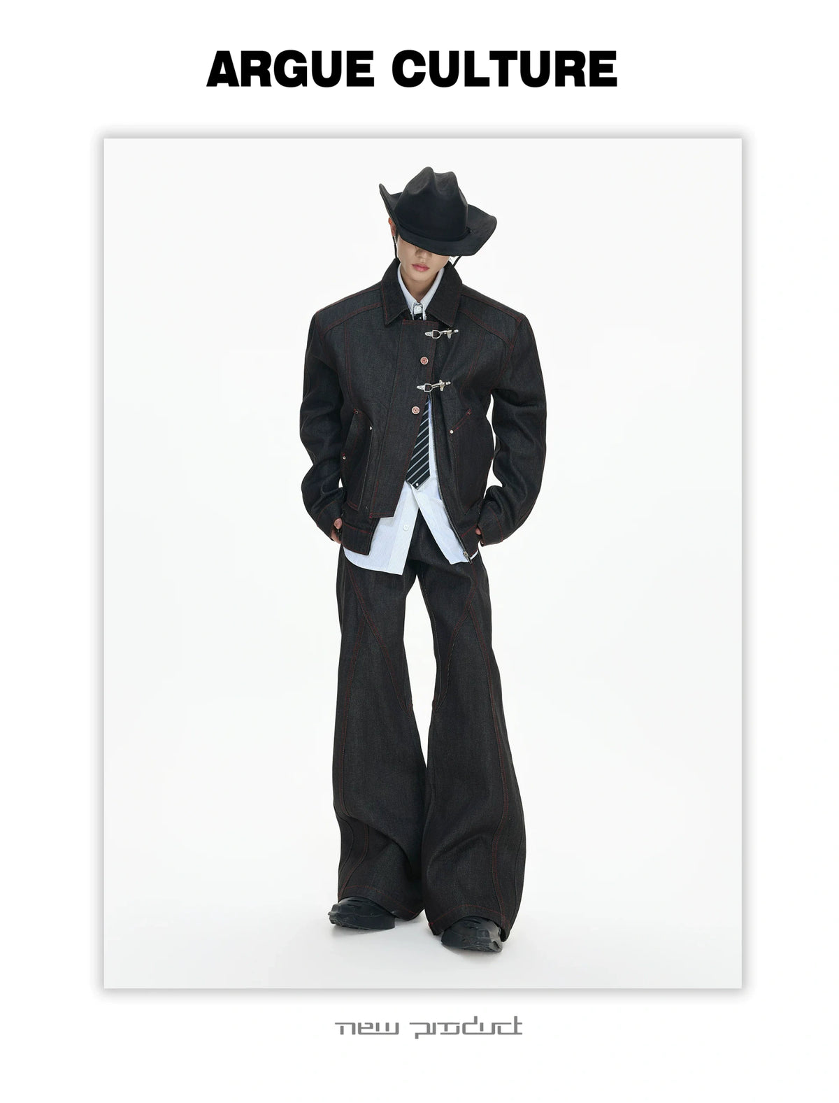 Black Raw Denim Jacket with Aircraft Buckle Details - description image 3
