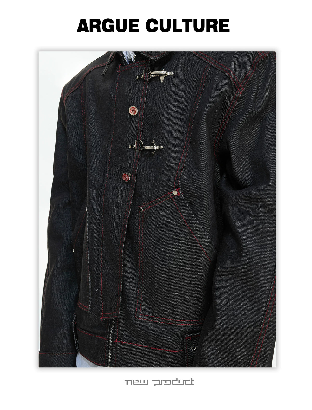 Black Raw Denim Jacket with Aircraft Buckle Details - description image 4