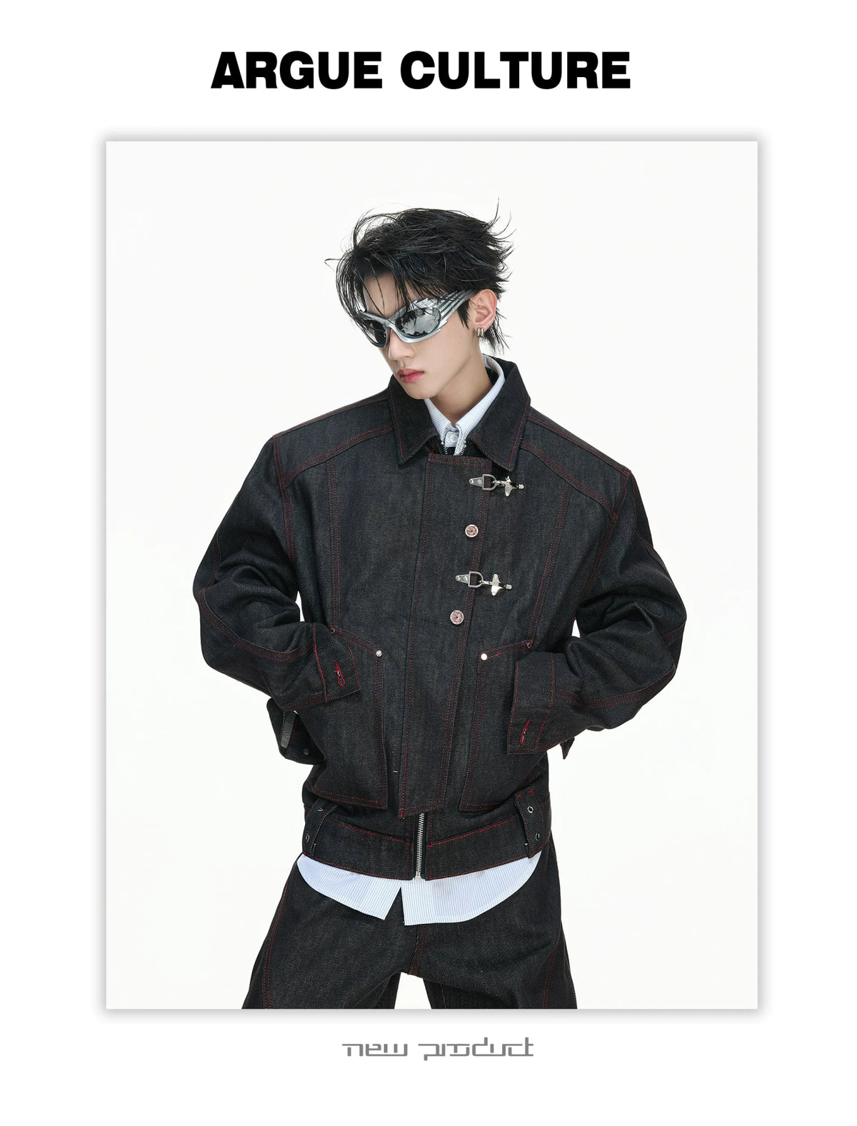Black Raw Denim Jacket with Aircraft Buckle Details - description image 5