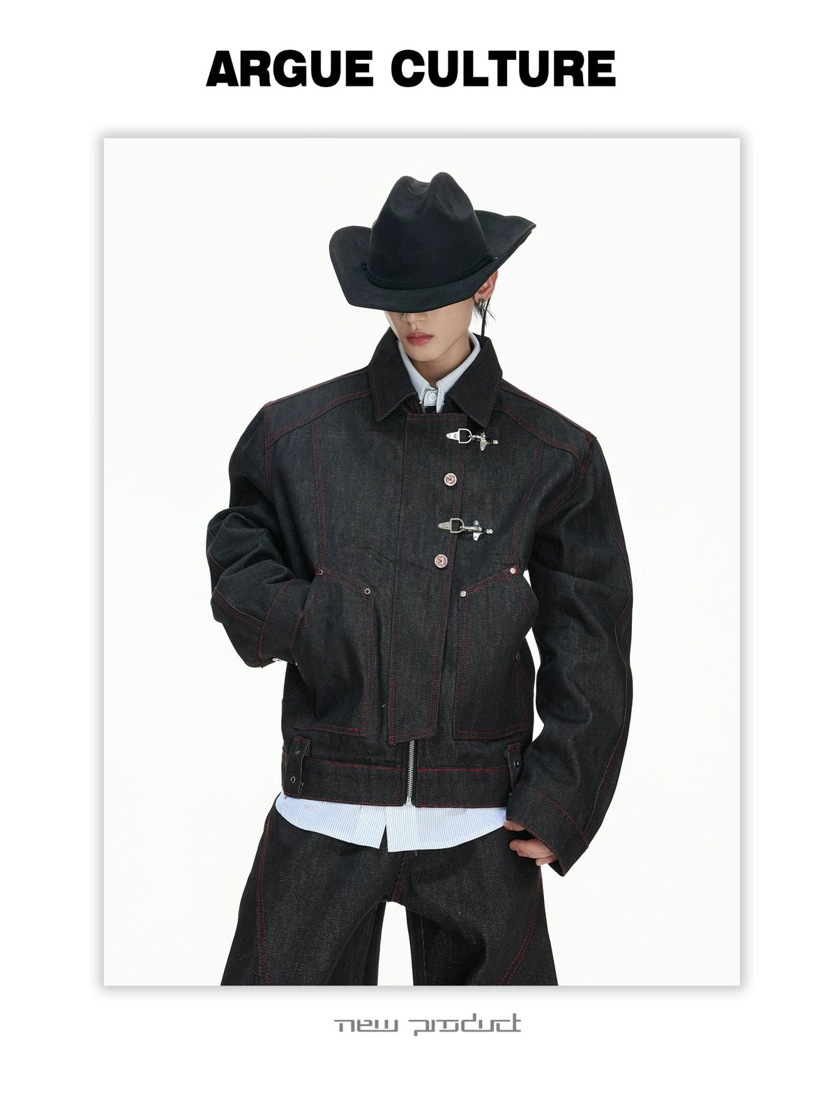 Black Raw Denim Jacket with Aircraft Buckle Details - description image 6