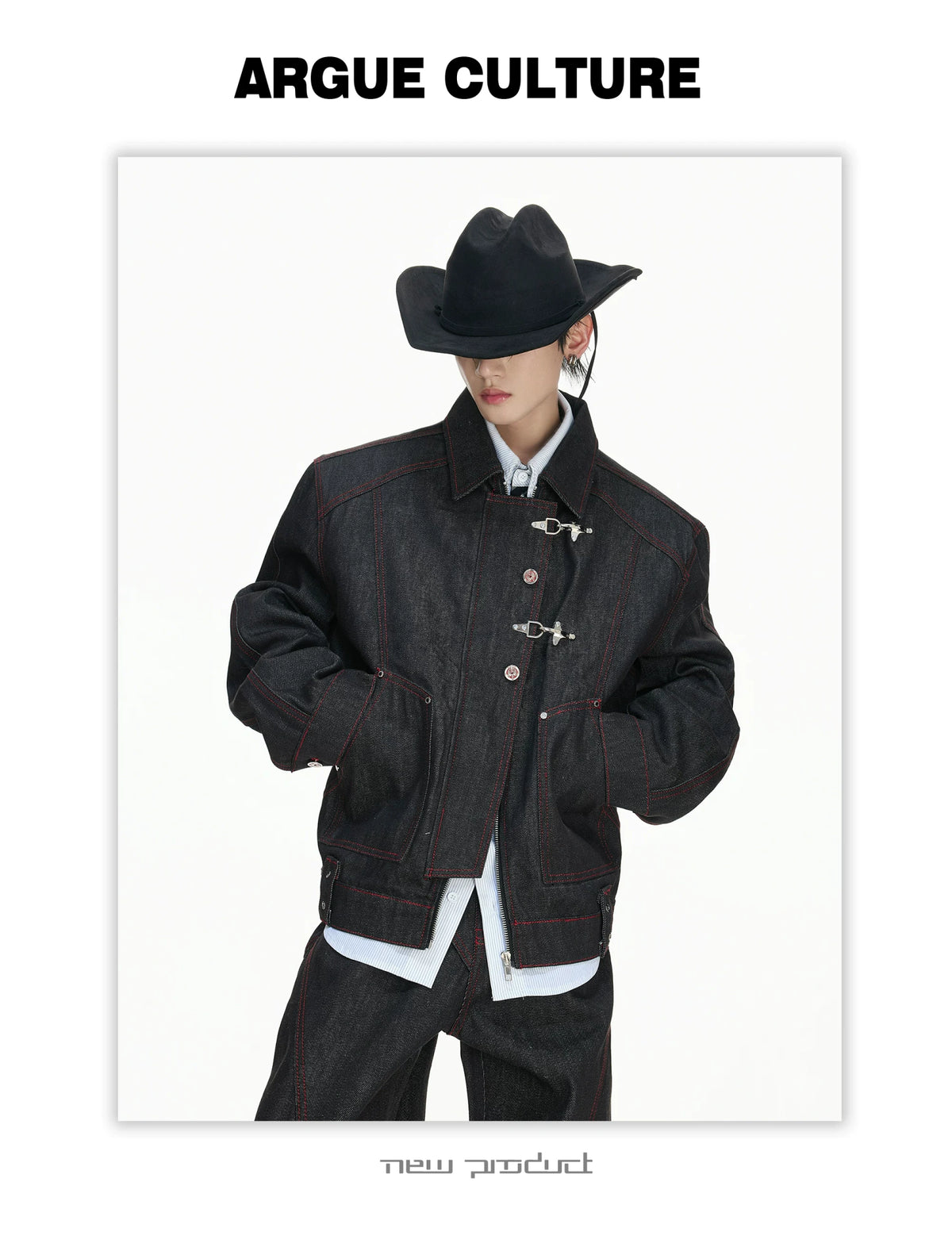 Black Raw Denim Jacket with Aircraft Buckle Details - description image 7