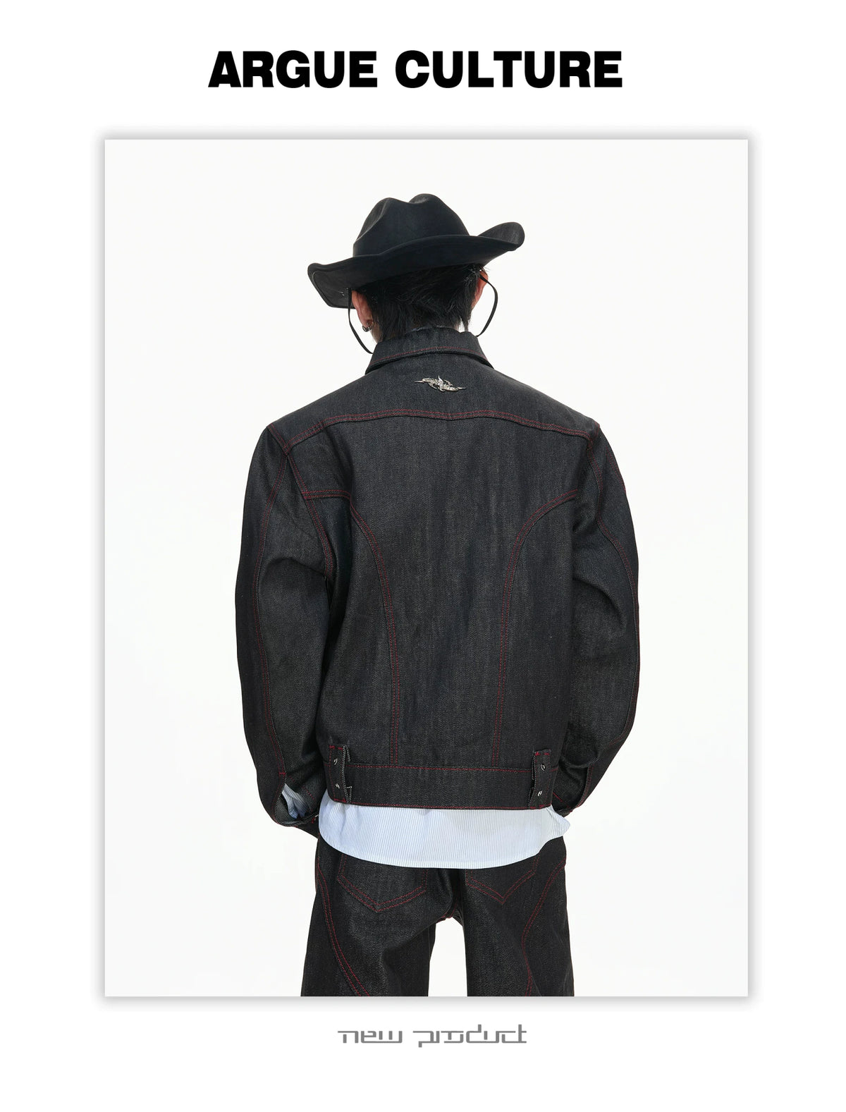 Black Raw Denim Jacket with Aircraft Buckle Details - description image 8