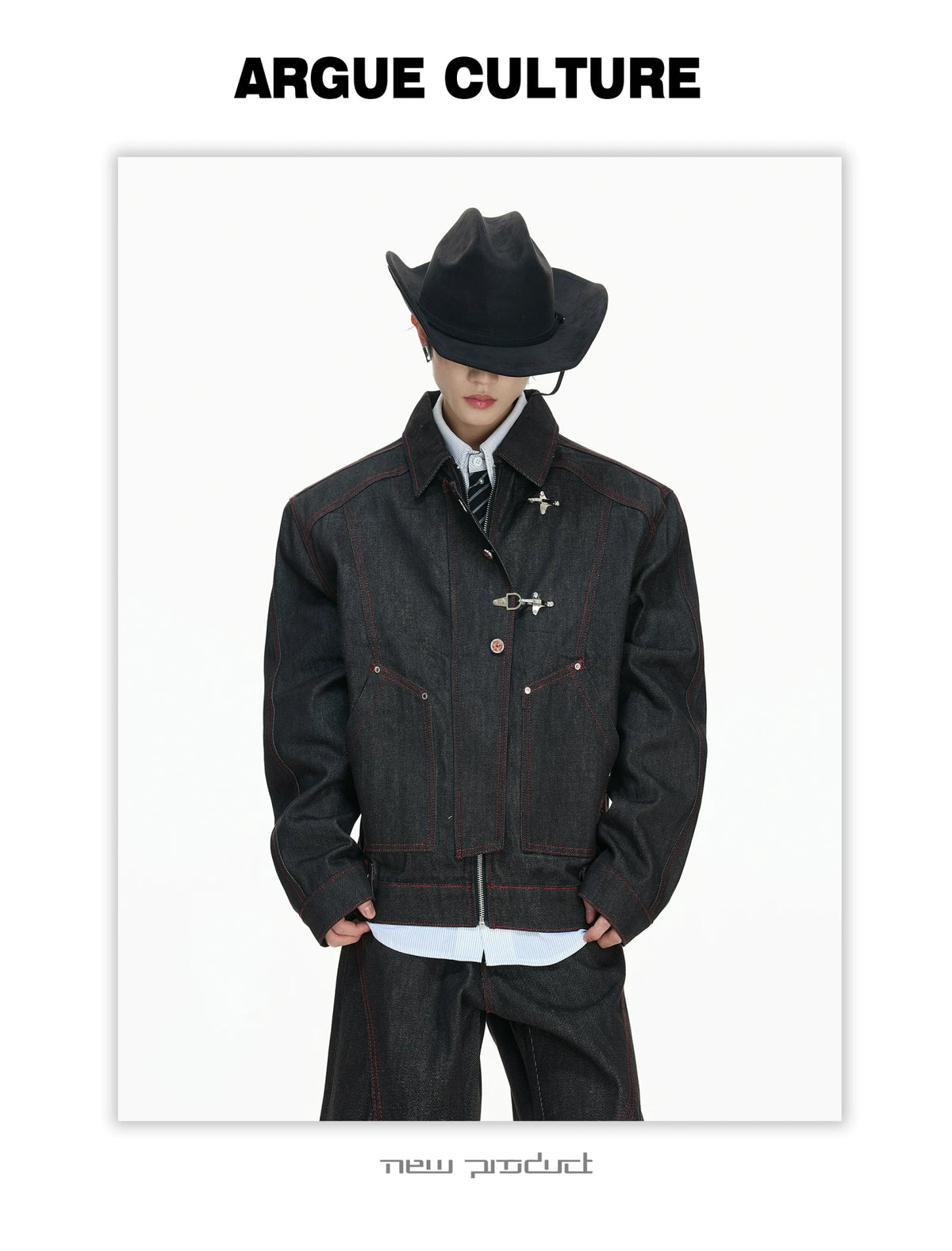 Black Raw Denim Jacket with Aircraft Buckle Details - description image 10