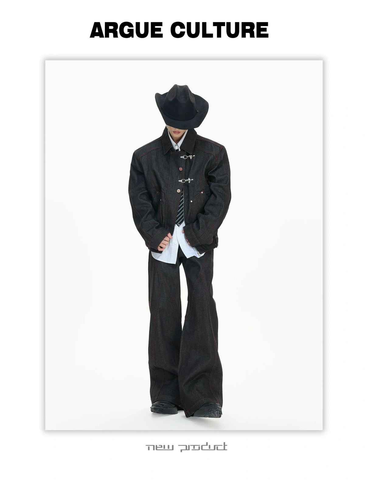Black Raw Denim Jacket with Aircraft Buckle Details - description image 11