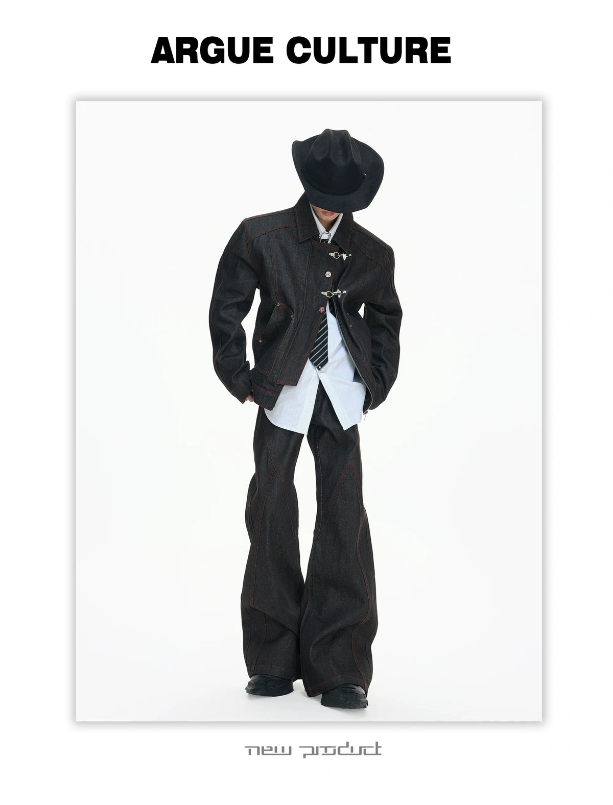 Black Raw Denim Jacket with Aircraft Buckle Details - description image 12
